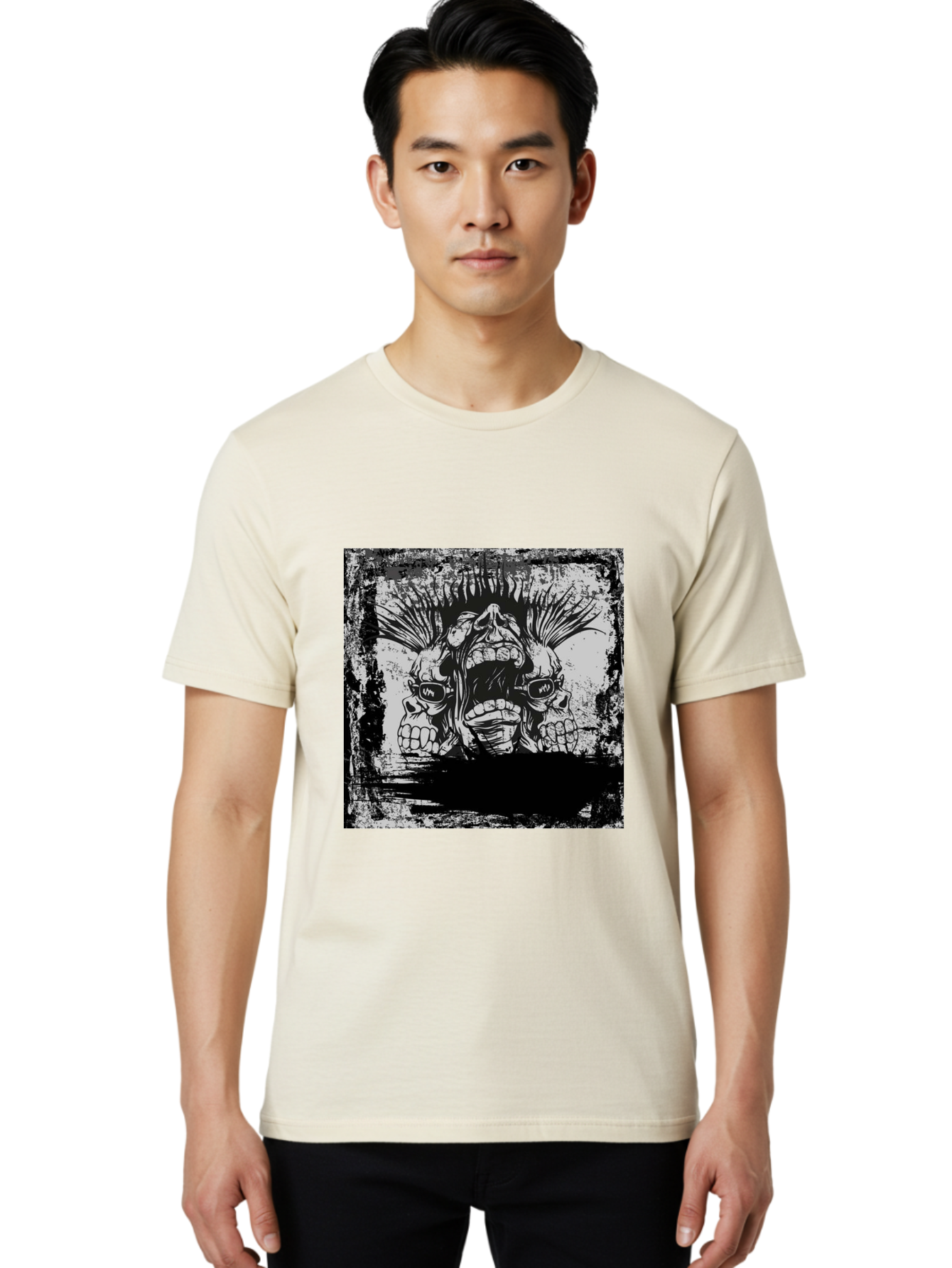 Chaos Triplet Men'S Graphic Tee, 100% Cotton, Comfortable Casual Summer Wear, Machine Washable, Punk Rock Art, Grunge Aesthetic, Triple Skull Head, Mohawk Hairstyle, Aggressive Vibe, Skull Art, Black And White Illustration, Punk Culture, Aae177