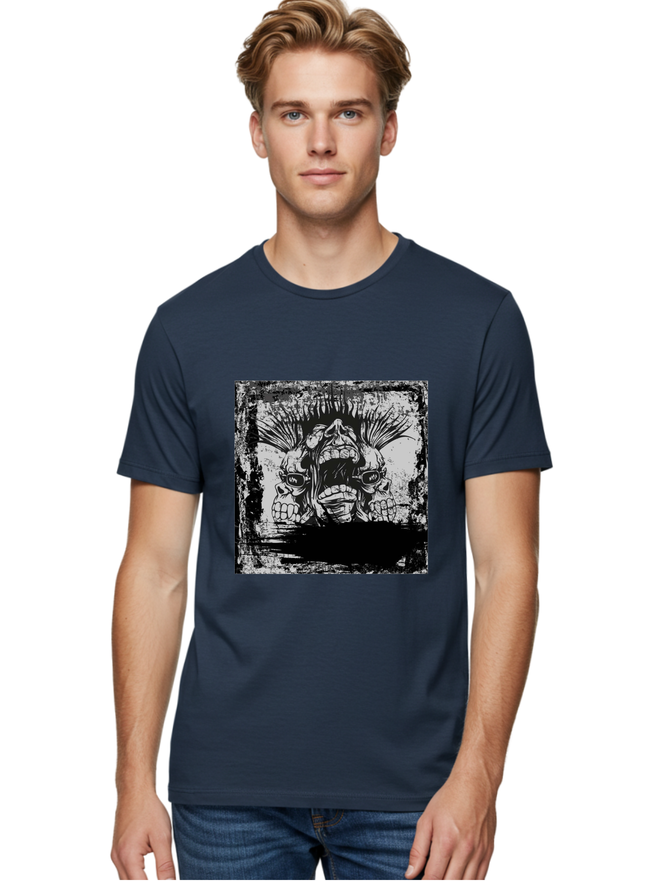 Chaos Triplet Men'S Graphic Tee, 100% Cotton, Comfortable Casual Summer Wear, Machine Washable, Punk Rock Art, Grunge Aesthetic, Triple Skull Head, Mohawk Hairstyle, Aggressive Vibe, Skull Art, Black And White Illustration, Punk Culture, Aae177