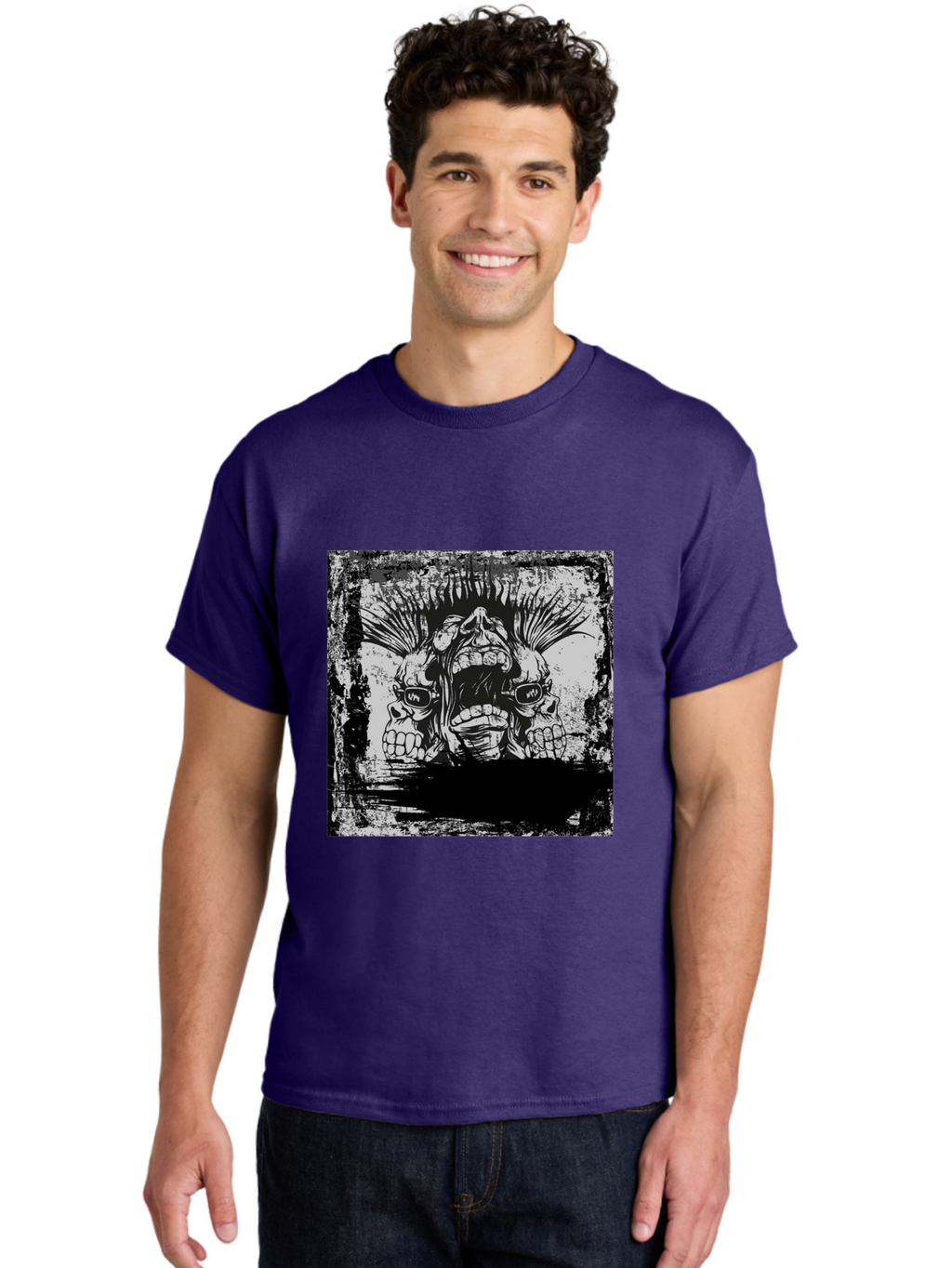 Chaos Triplet Men'S Graphic Tee, 100% Cotton, Comfortable Casual Summer Wear, Machine Washable, Punk Rock Art, Grunge Aesthetic, Triple Skull Head, Mohawk Hairstyle, Aggressive Vibe, Skull Art, Black And White Illustration, Punk Culture, Aae177