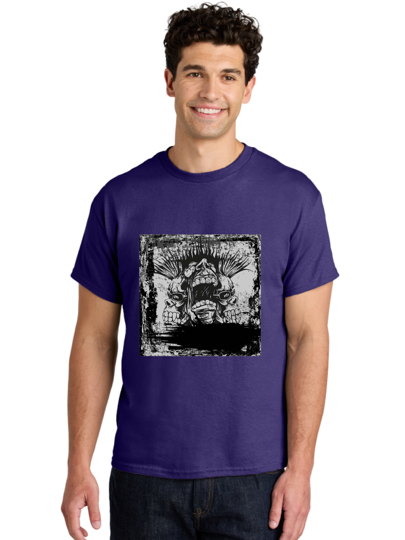 Chaos Triplet Men'S Graphic Tee, 100% Cotton, Comfortable Casual Summer Wear, Machine Washable, Punk Rock Art, Grunge Aesthetic, Triple Skull Head, Mohawk Hairstyle, Aggressive Vibe, Skull Art, Black And White Illustration, Punk Culture, Aae177