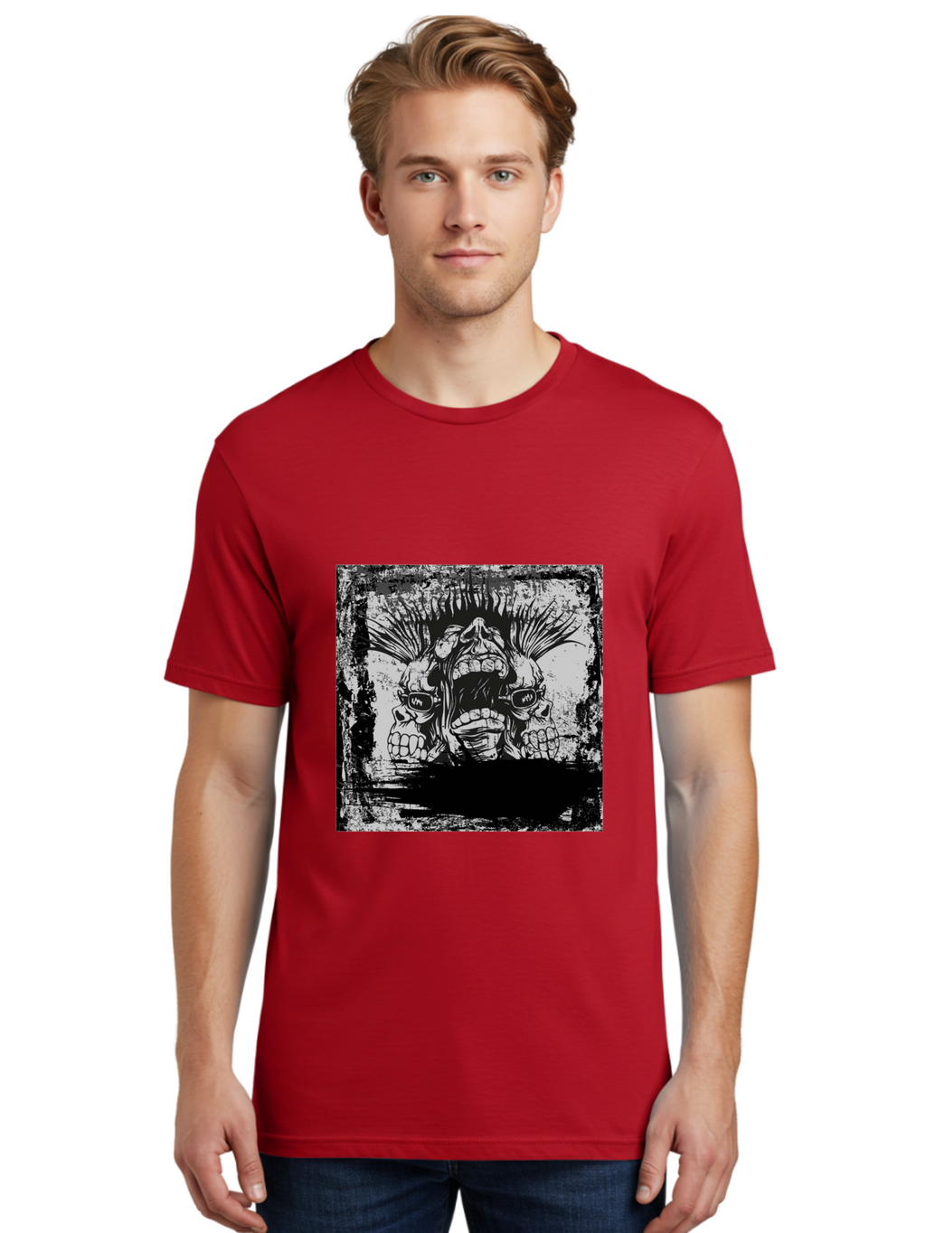 Chaos Triplet Men'S Graphic Tee, 100% Cotton, Comfortable Casual Summer Wear, Machine Washable, Punk Rock Art, Grunge Aesthetic, Triple Skull Head, Mohawk Hairstyle, Aggressive Vibe, Skull Art, Black And White Illustration, Punk Culture, Aae177