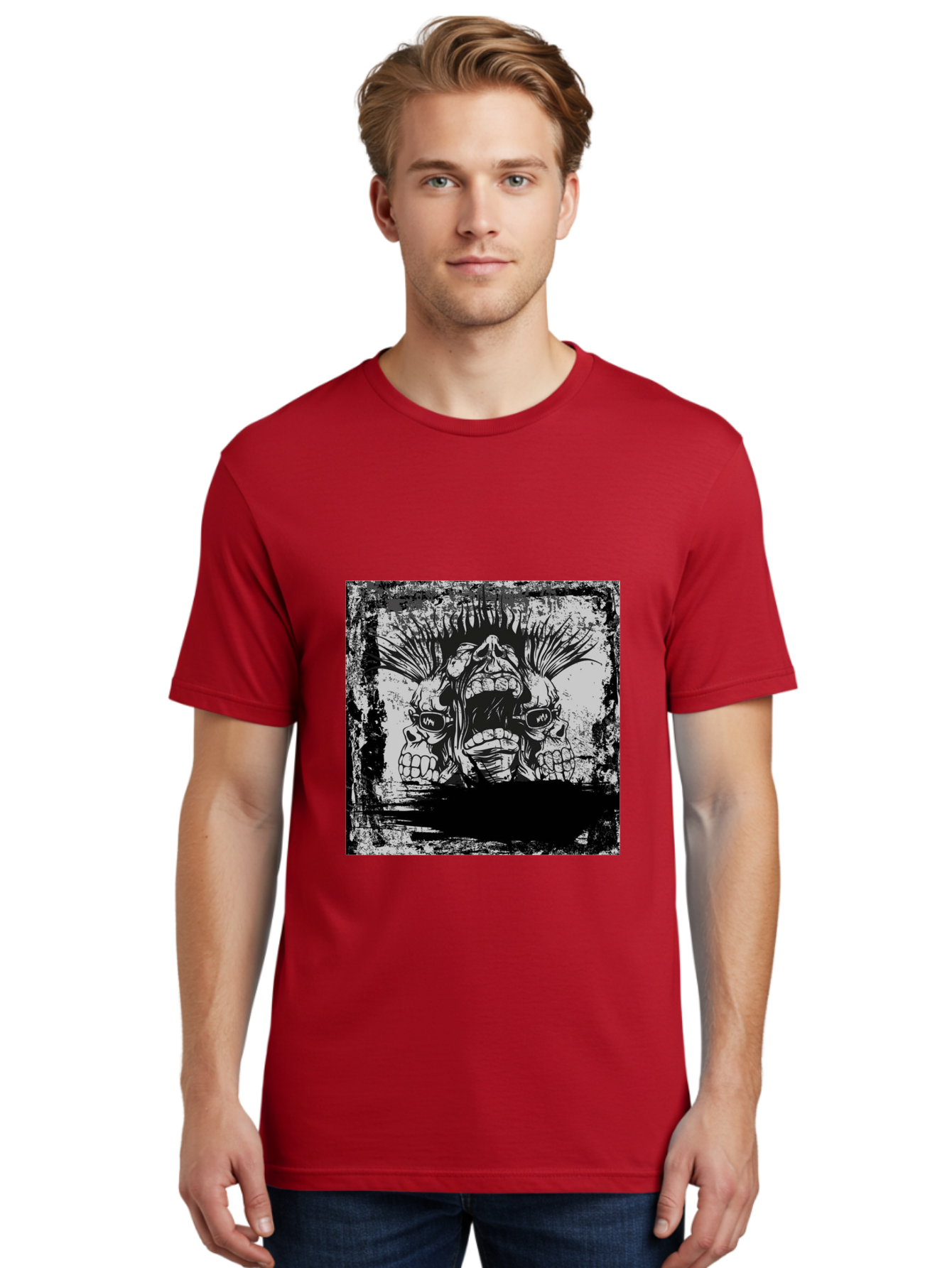Chaos Triplet Men'S Graphic Tee, 100% Cotton, Comfortable Casual Summer Wear, Machine Washable, Punk Rock Art, Grunge Aesthetic, Triple Skull Head, Mohawk Hairstyle, Aggressive Vibe, Skull Art, Black And White Illustration, Punk Culture, Aae177