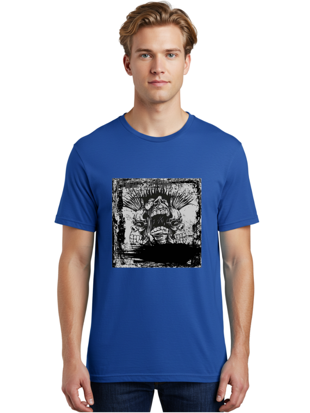 Chaos Triplet Men'S Graphic Tee, 100% Cotton, Comfortable Casual Summer Wear, Machine Washable, Punk Rock Art, Grunge Aesthetic, Triple Skull Head, Mohawk Hairstyle, Aggressive Vibe, Skull Art, Black And White Illustration, Punk Culture, Aae177