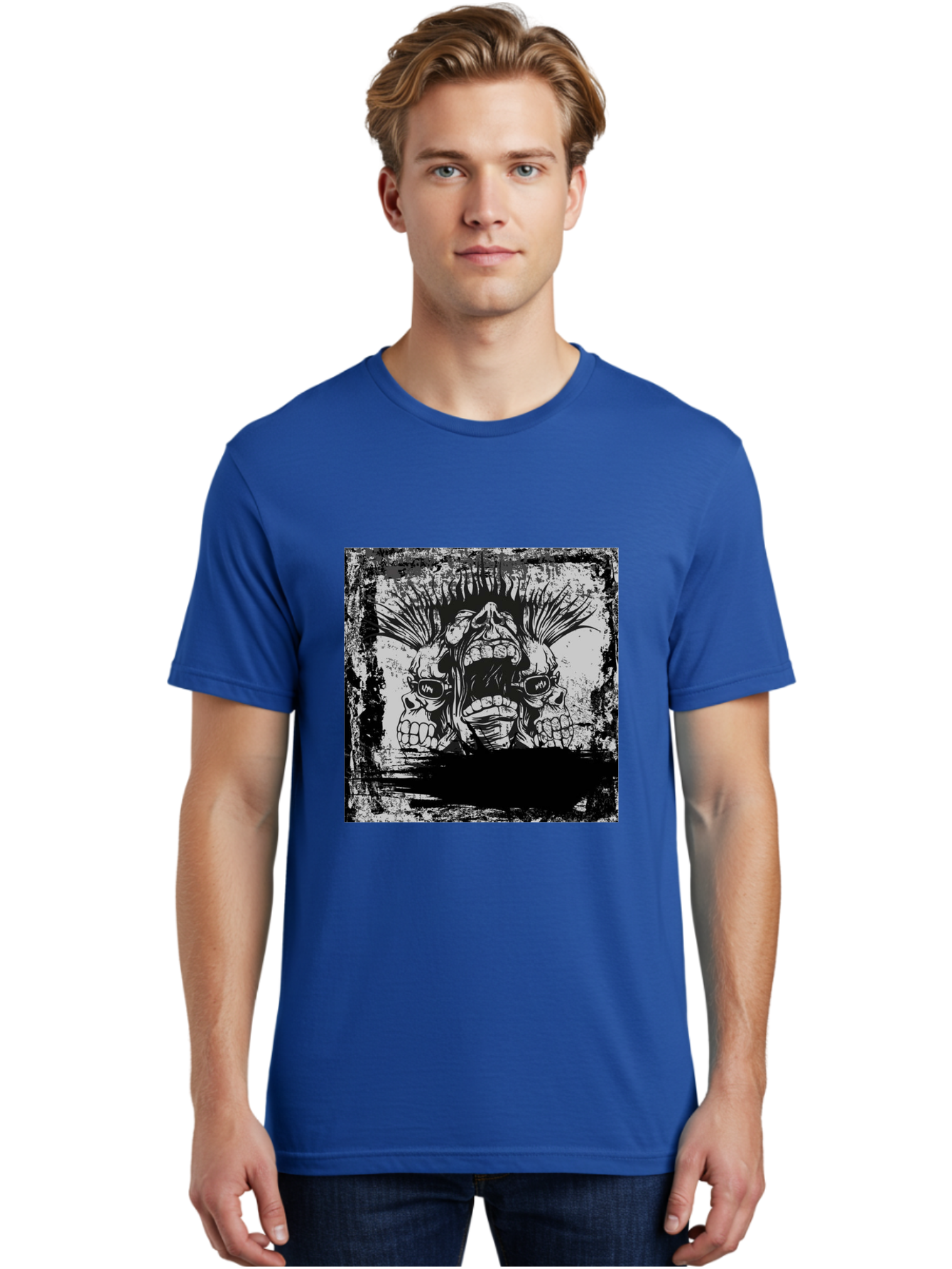 Chaos Triplet Men'S Graphic Tee, 100% Cotton, Comfortable Casual Summer Wear, Machine Washable, Punk Rock Art, Grunge Aesthetic, Triple Skull Head, Mohawk Hairstyle, Aggressive Vibe, Skull Art, Black And White Illustration, Punk Culture, Aae177