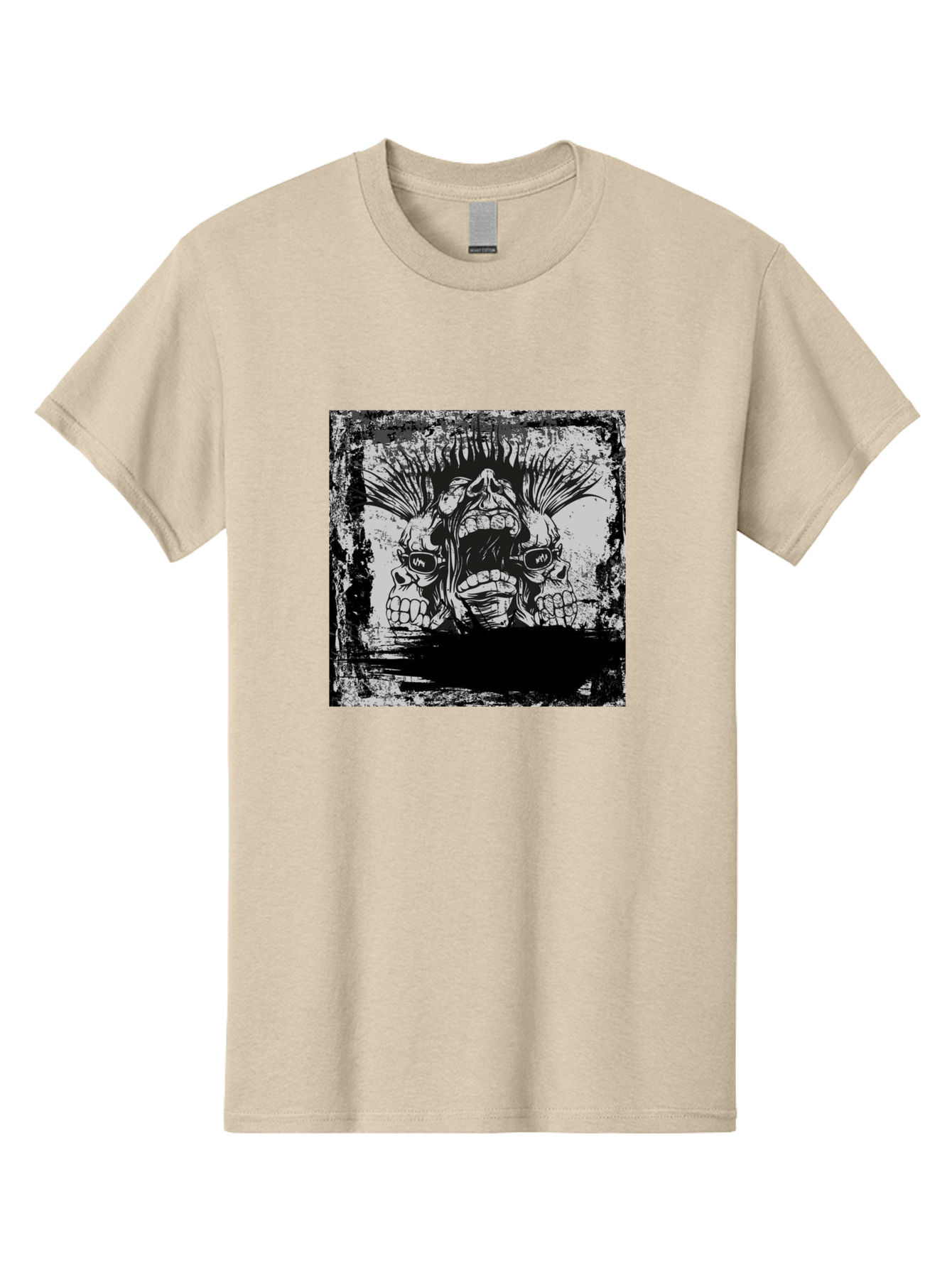 Chaos Triplet Men'S Graphic Tee, 100% Cotton, Comfortable Casual Summer Wear, Machine Washable, Punk Rock Art, Grunge Aesthetic, Triple Skull Head, Mohawk Hairstyle, Aggressive Vibe, Skull Art, Black And White Illustration, Punk Culture, Aae177