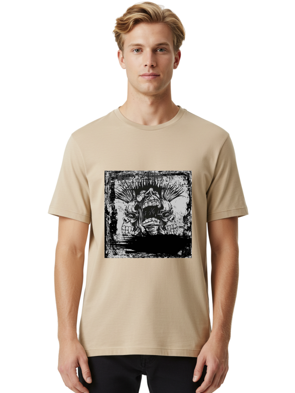 Chaos Triplet Men'S Graphic Tee, 100% Cotton, Comfortable Casual Summer Wear, Machine Washable, Punk Rock Art, Grunge Aesthetic, Triple Skull Head, Mohawk Hairstyle, Aggressive Vibe, Skull Art, Black And White Illustration, Punk Culture, Aae177
