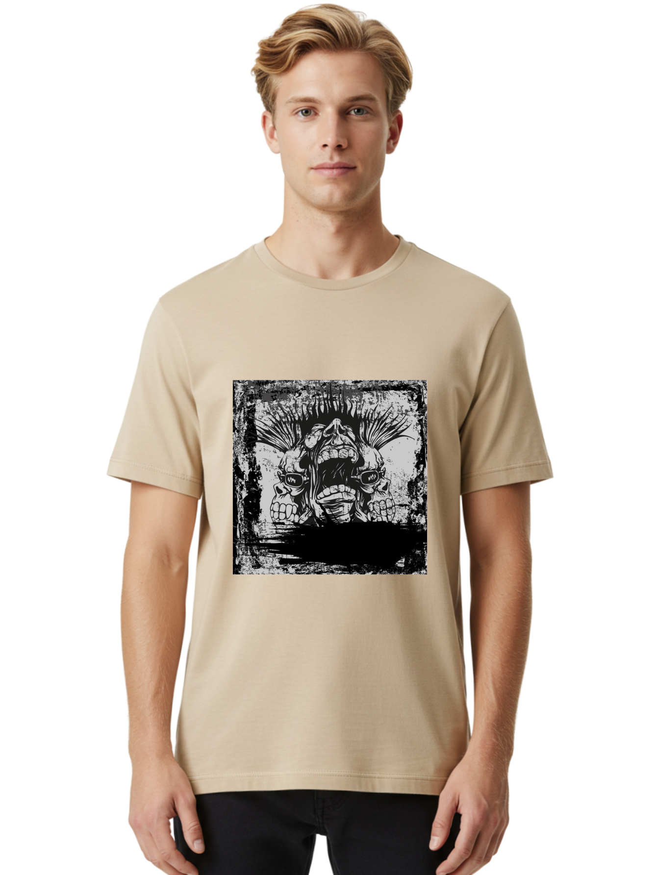 Chaos Triplet Men'S Graphic Tee, 100% Cotton, Comfortable Casual Summer Wear, Machine Washable, Punk Rock Art, Grunge Aesthetic, Triple Skull Head, Mohawk Hairstyle, Aggressive Vibe, Skull Art, Black And White Illustration, Punk Culture, Aae177