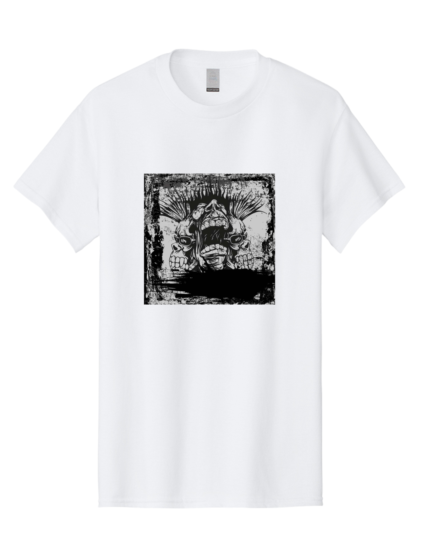 Chaos Triplet Men'S Graphic Tee, 100% Cotton, Comfortable Casual Summer Wear, Machine Washable, Punk Rock Art, Grunge Aesthetic, Triple Skull Head, Mohawk Hairstyle, Aggressive Vibe, Skull Art, Black And White Illustration, Punk Culture, Aae177