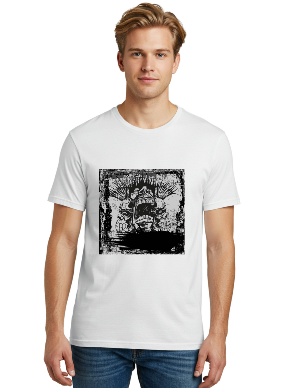 Chaos Triplet Men'S Graphic Tee, 100% Cotton, Comfortable Casual Summer Wear, Machine Washable, Punk Rock Art, Grunge Aesthetic, Triple Skull Head, Mohawk Hairstyle, Aggressive Vibe, Skull Art, Black And White Illustration, Punk Culture, Aae177