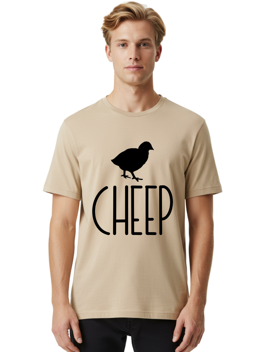 Cheep Men'S Graphic Tee, 100% Cotton, Comfortable Casual Summer Wear, Machine Washable, Chick Silhouette, Cheep Logo, Poultry Branding, Simple Design, Bold Typography, Farm Animal, Minimalistic Art Aae178