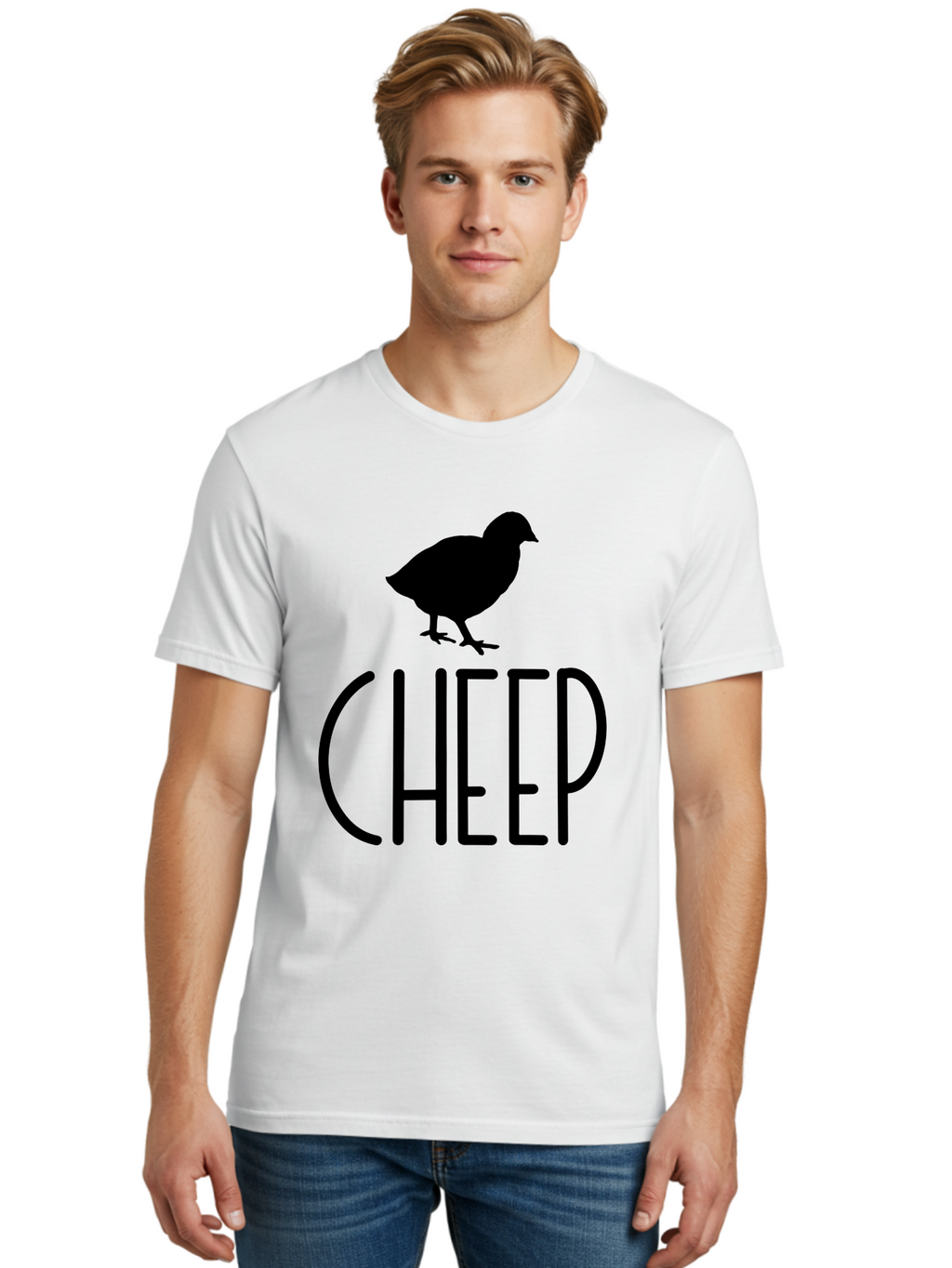 Cheep Men'S Graphic Tee, 100% Cotton, Comfortable Casual Summer Wear, Machine Washable, Chick Silhouette, Cheep Logo, Poultry Branding, Simple Design, Bold Typography, Farm Animal, Minimalistic Art Aae178