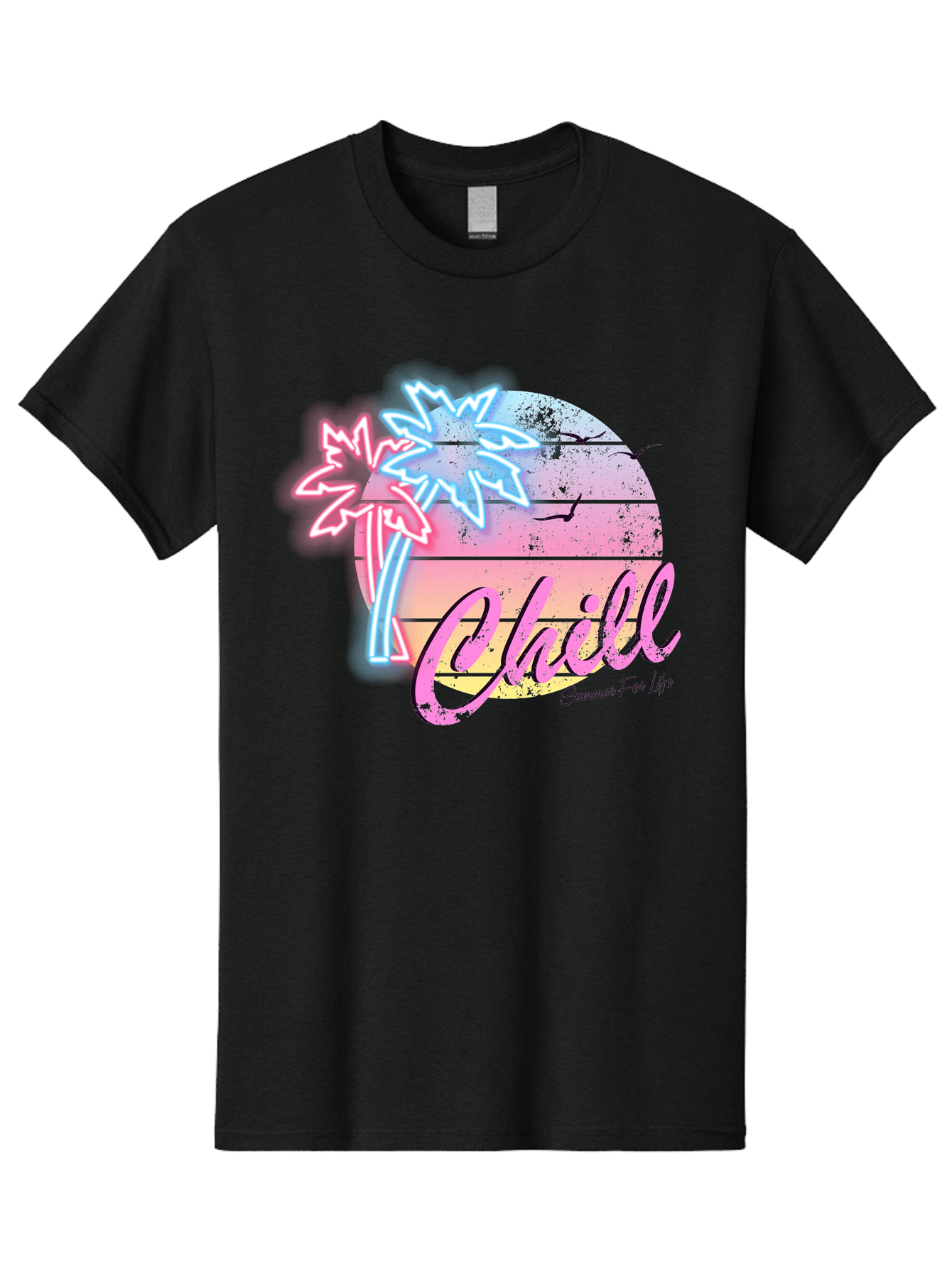 Chill Men'S Graphic Tee, 100% Cotton, Comfortable Casual Summer Wear, Machine Washable, Tropical Paradise, Sunset Vibes, Summer Atmosphere, Beachy Feel, Neon Lights, Palm Trees, Seagulls Flying, Relaxing Scene, Chill Summer For Life Aae180