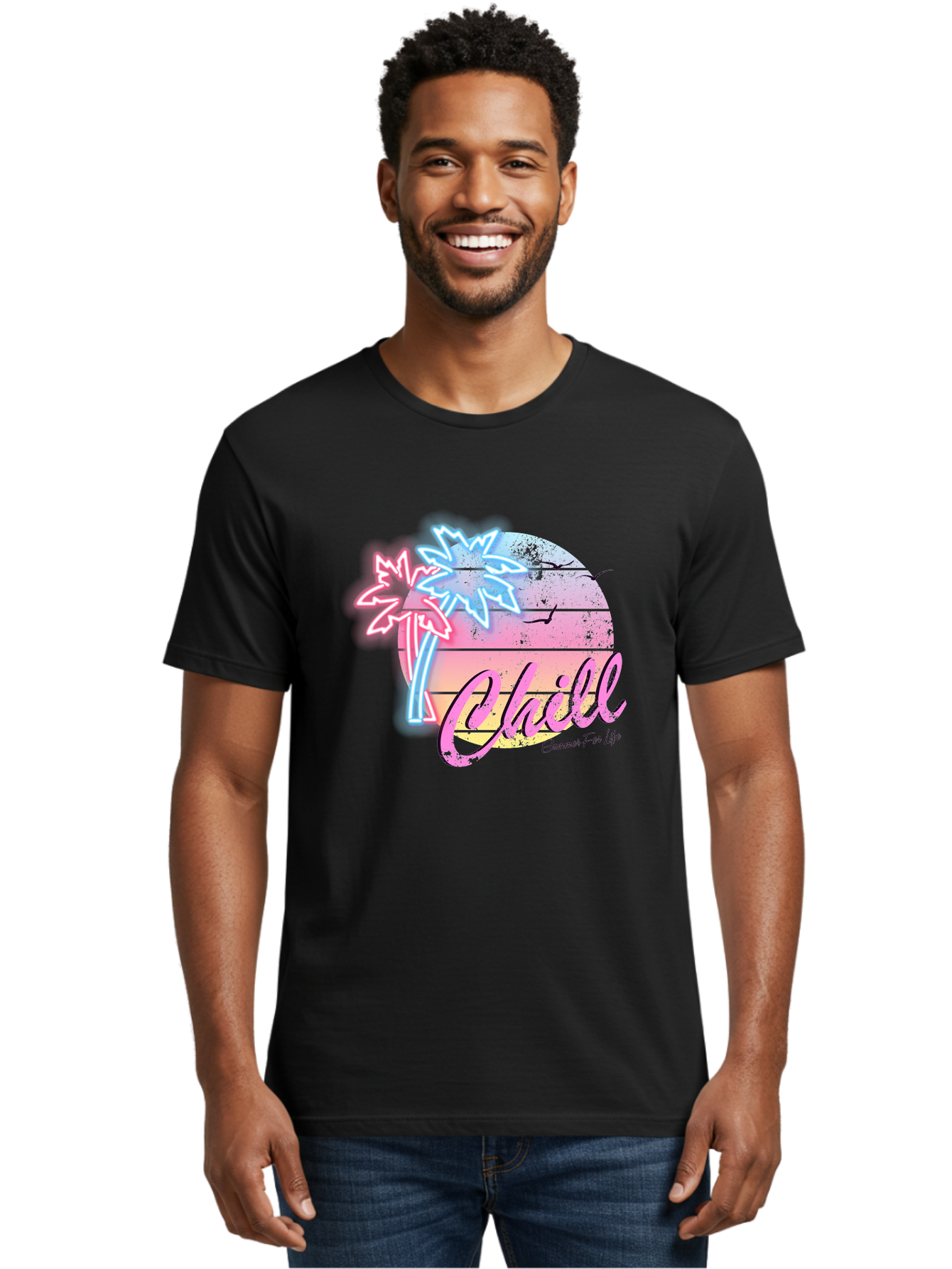 Chill Men'S Graphic Tee, 100% Cotton, Comfortable Casual Summer Wear, Machine Washable, Tropical Paradise, Sunset Vibes, Summer Atmosphere, Beachy Feel, Neon Lights, Palm Trees, Seagulls Flying, Relaxing Scene, Chill Summer For Life Aae180