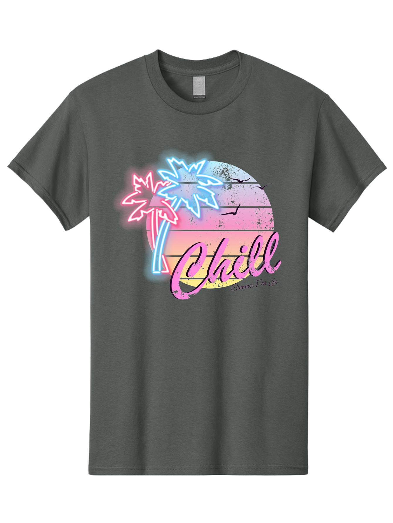 Chill Men'S Graphic Tee, 100% Cotton, Comfortable Casual Summer Wear, Machine Washable, Tropical Paradise, Sunset Vibes, Summer Atmosphere, Beachy Feel, Neon Lights, Palm Trees, Seagulls Flying, Relaxing Scene, Chill Summer For Life Aae180
