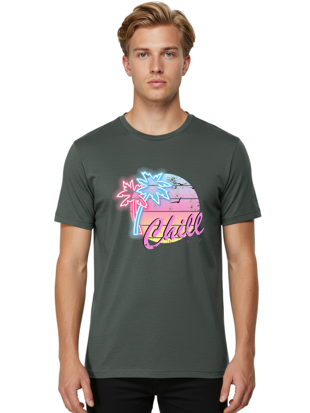 Chill Men'S Graphic Tee, 100% Cotton, Comfortable Casual Summer Wear, Machine Washable, Tropical Paradise, Sunset Vibes, Summer Atmosphere, Beachy Feel, Neon Lights, Palm Trees, Seagulls Flying, Relaxing Scene, Chill Summer For Life Aae180