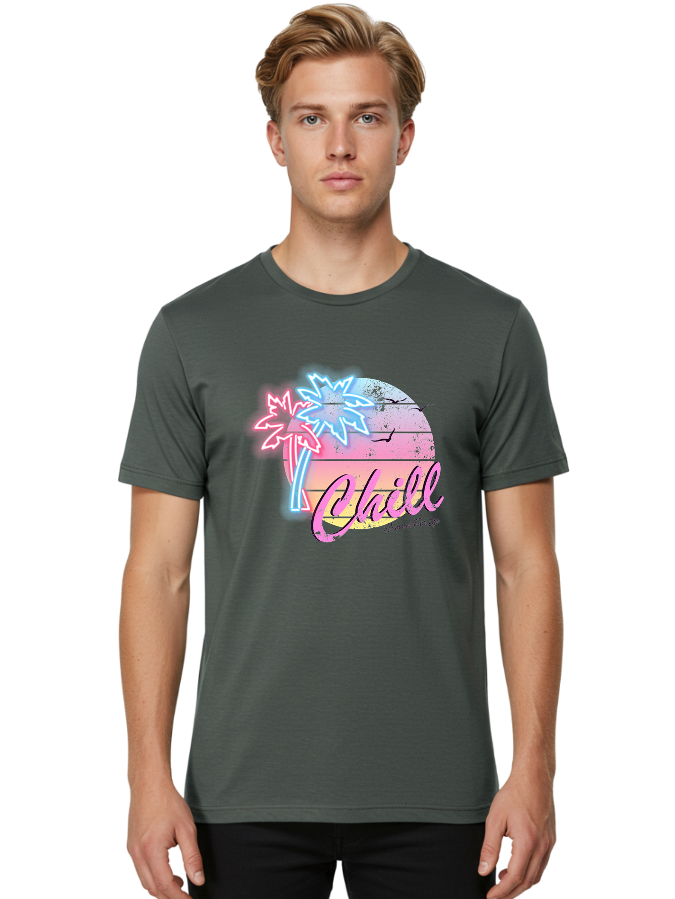 Chill Men'S Graphic Tee, 100% Cotton, Comfortable Casual Summer Wear, Machine Washable, Tropical Paradise, Sunset Vibes, Summer Atmosphere, Beachy Feel, Neon Lights, Palm Trees, Seagulls Flying, Relaxing Scene, Chill Summer For Life Aae180