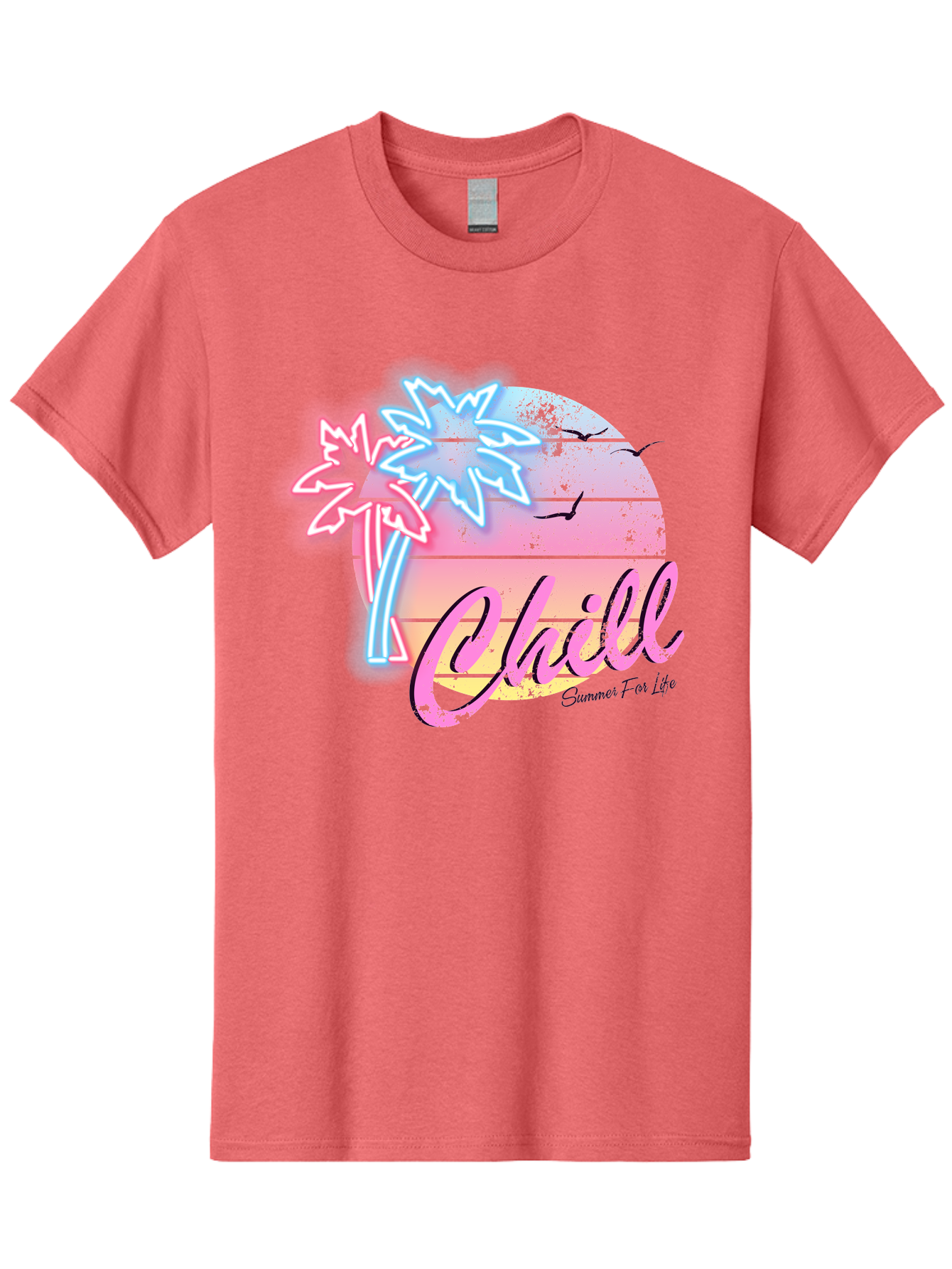 Chill Men'S Graphic Tee, 100% Cotton, Comfortable Casual Summer Wear, Machine Washable, Tropical Paradise, Sunset Vibes, Summer Atmosphere, Beachy Feel, Neon Lights, Palm Trees, Seagulls Flying, Relaxing Scene, Chill Summer For Life Aae180