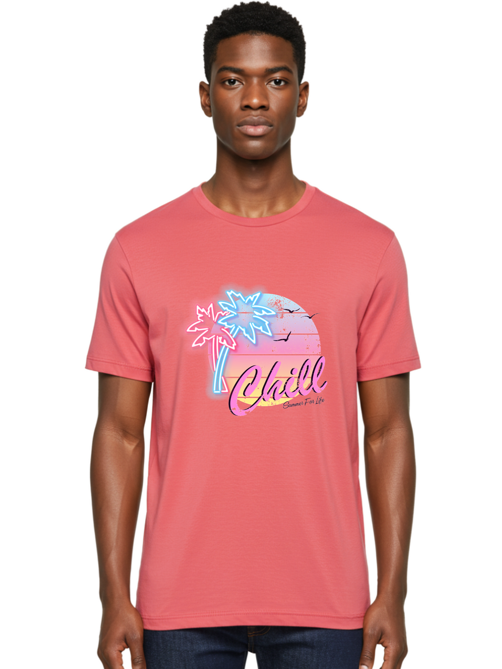 Chill Men'S Graphic Tee, 100% Cotton, Comfortable Casual Summer Wear, Machine Washable, Tropical Paradise, Sunset Vibes, Summer Atmosphere, Beachy Feel, Neon Lights, Palm Trees, Seagulls Flying, Relaxing Scene, Chill Summer For Life Aae180