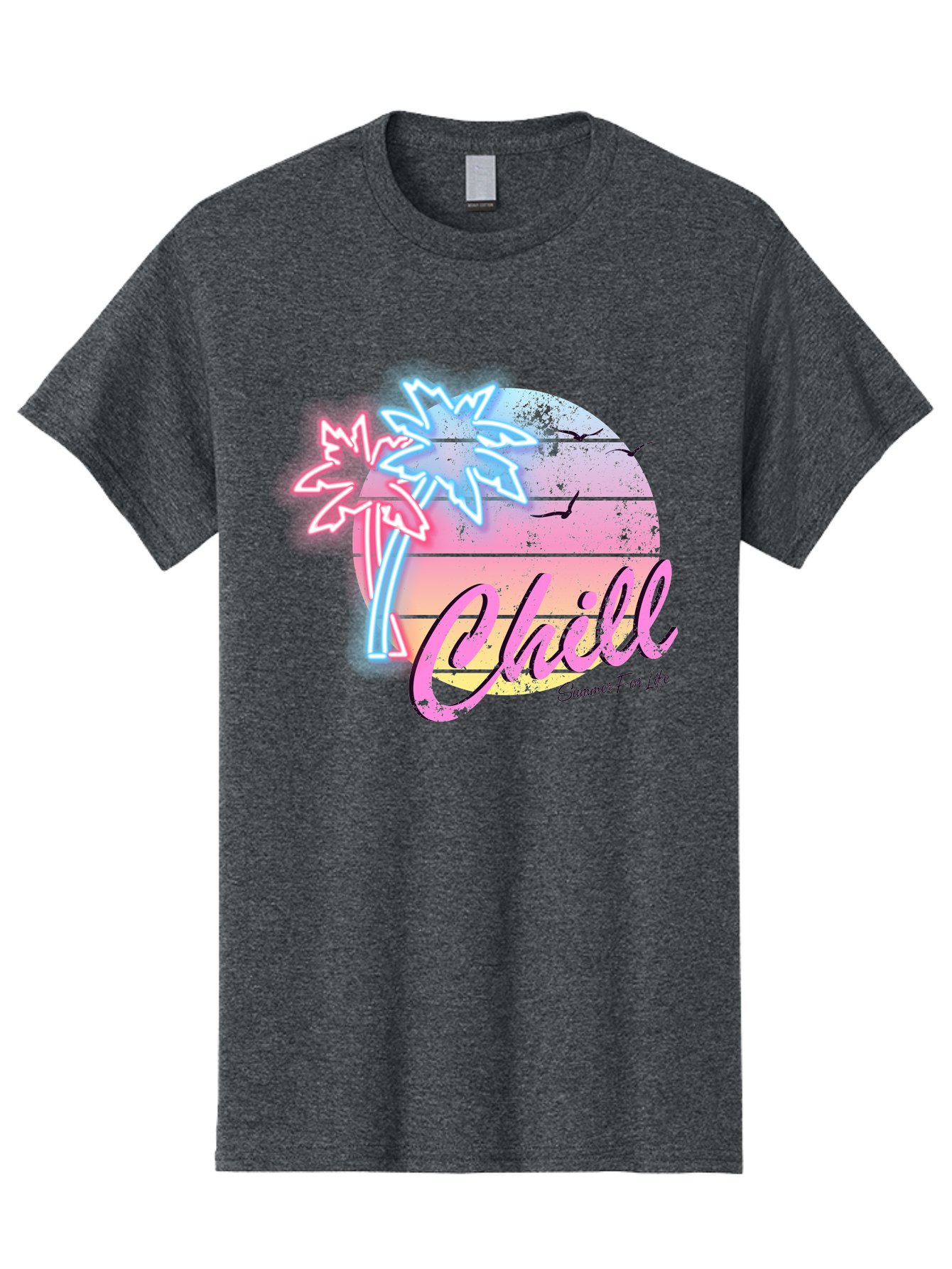Chill Men'S Graphic Tee, 100% Cotton, Comfortable Casual Summer Wear, Machine Washable, Tropical Paradise, Sunset Vibes, Summer Atmosphere, Beachy Feel, Neon Lights, Palm Trees, Seagulls Flying, Relaxing Scene, Chill Summer For Life Aae180