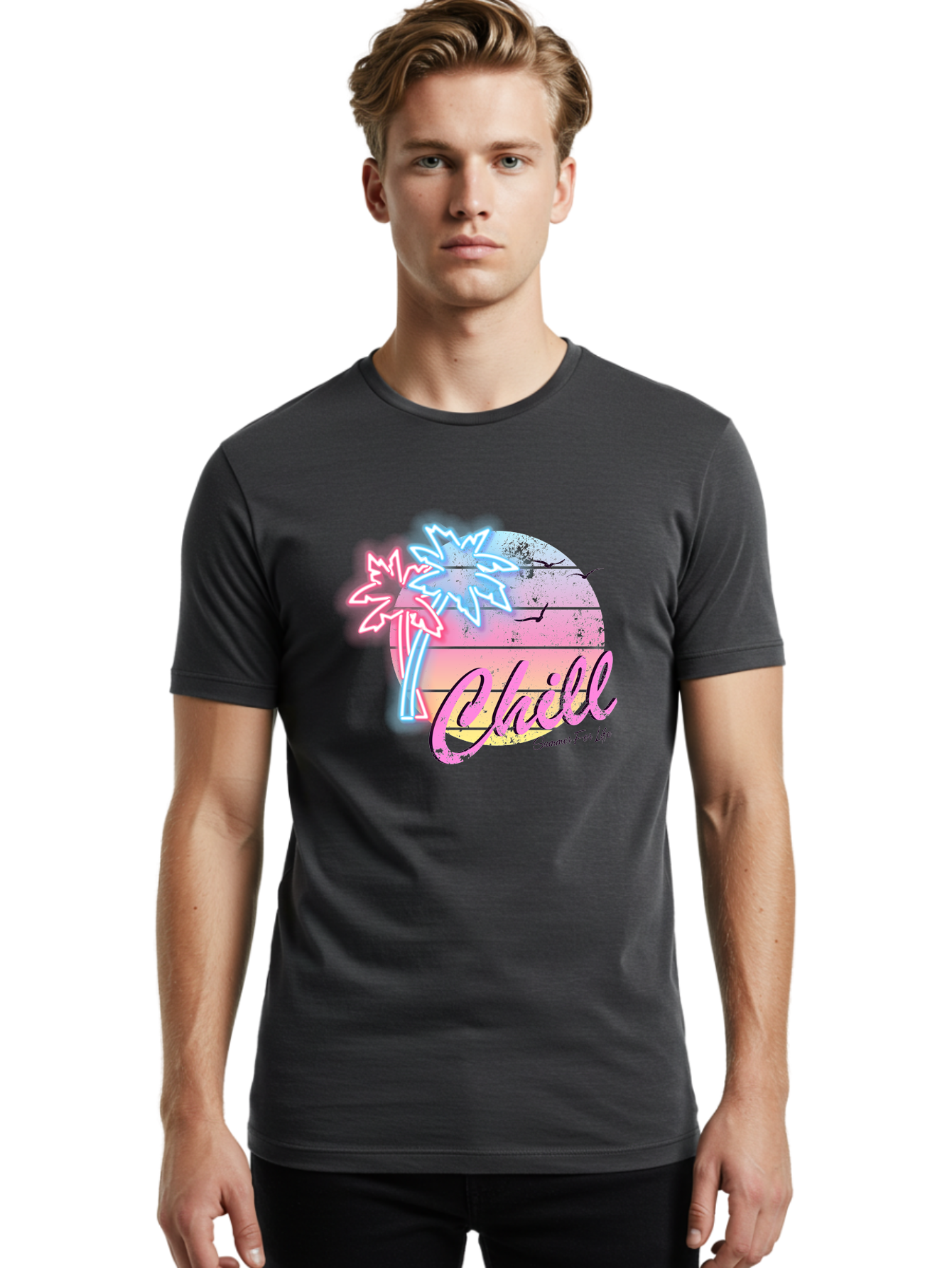 Chill Men'S Graphic Tee, 100% Cotton, Comfortable Casual Summer Wear, Machine Washable, Tropical Paradise, Sunset Vibes, Summer Atmosphere, Beachy Feel, Neon Lights, Palm Trees, Seagulls Flying, Relaxing Scene, Chill Summer For Life Aae180