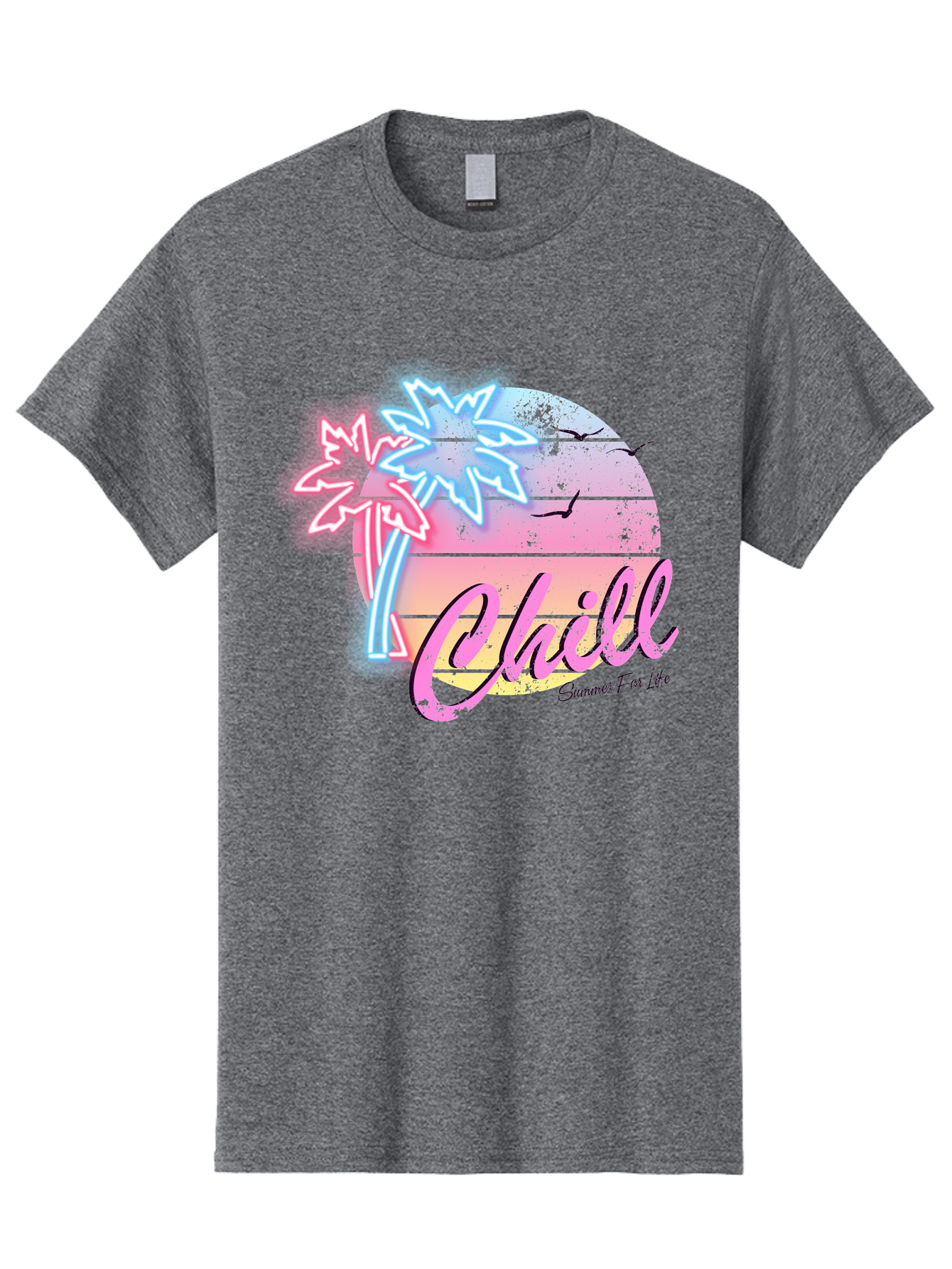 Chill Men'S Graphic Tee, 100% Cotton, Comfortable Casual Summer Wear, Machine Washable, Tropical Paradise, Sunset Vibes, Summer Atmosphere, Beachy Feel, Neon Lights, Palm Trees, Seagulls Flying, Relaxing Scene, Chill Summer For Life Aae180