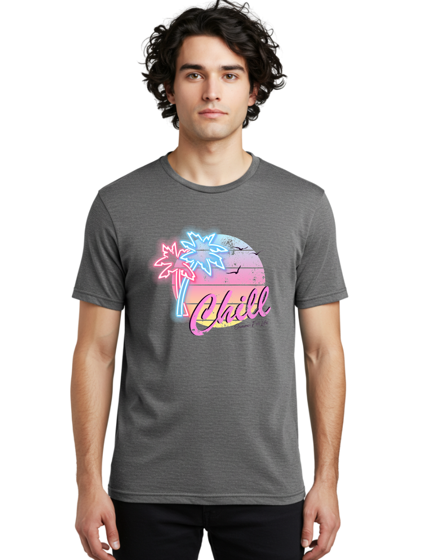 Chill Men'S Graphic Tee, 100% Cotton, Comfortable Casual Summer Wear, Machine Washable, Tropical Paradise, Sunset Vibes, Summer Atmosphere, Beachy Feel, Neon Lights, Palm Trees, Seagulls Flying, Relaxing Scene, Chill Summer For Life Aae180