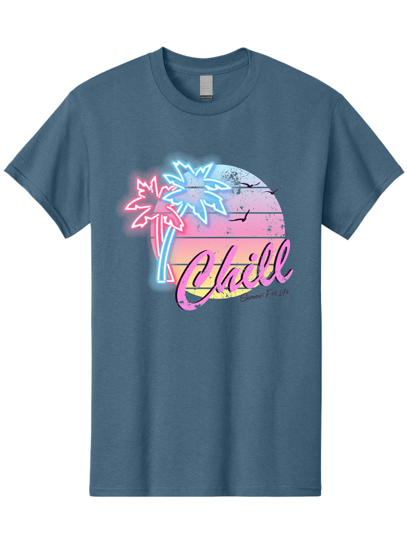 Chill Men'S Graphic Tee, 100% Cotton, Comfortable Casual Summer Wear, Machine Washable, Tropical Paradise, Sunset Vibes, Summer Atmosphere, Beachy Feel, Neon Lights, Palm Trees, Seagulls Flying, Relaxing Scene, Chill Summer For Life Aae180