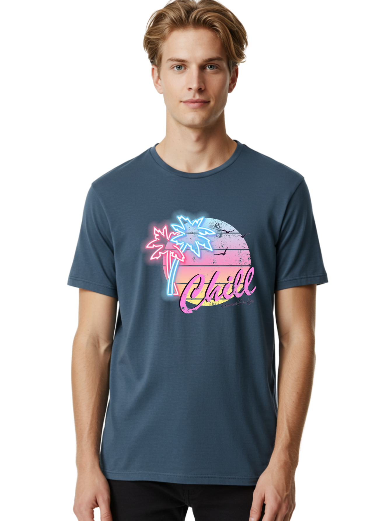 Chill Men'S Graphic Tee, 100% Cotton, Comfortable Casual Summer Wear, Machine Washable, Tropical Paradise, Sunset Vibes, Summer Atmosphere, Beachy Feel, Neon Lights, Palm Trees, Seagulls Flying, Relaxing Scene, Chill Summer For Life Aae180