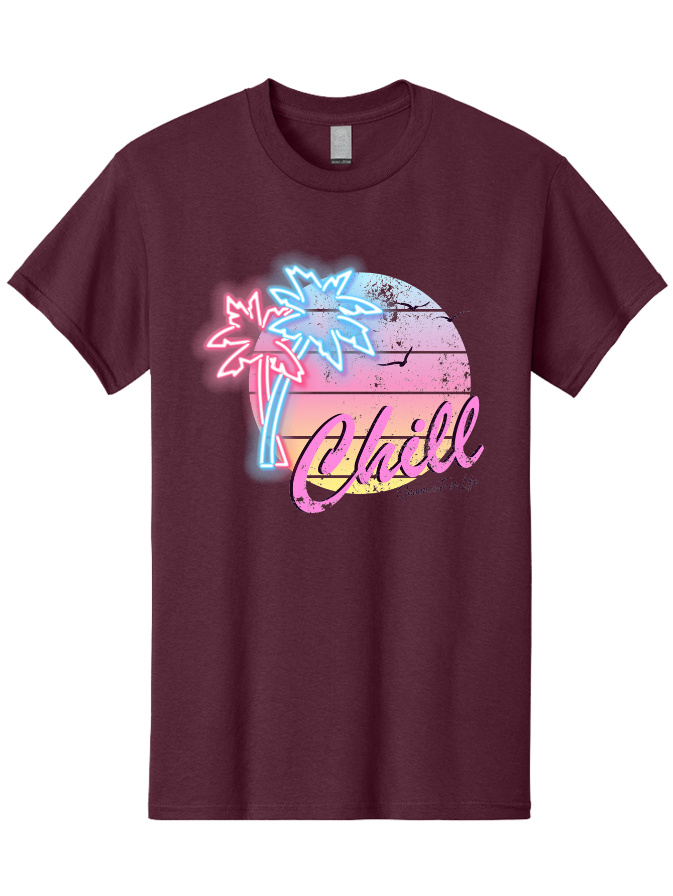 Chill Men'S Graphic Tee, 100% Cotton, Comfortable Casual Summer Wear, Machine Washable, Tropical Paradise, Sunset Vibes, Summer Atmosphere, Beachy Feel, Neon Lights, Palm Trees, Seagulls Flying, Relaxing Scene, Chill Summer For Life Aae180