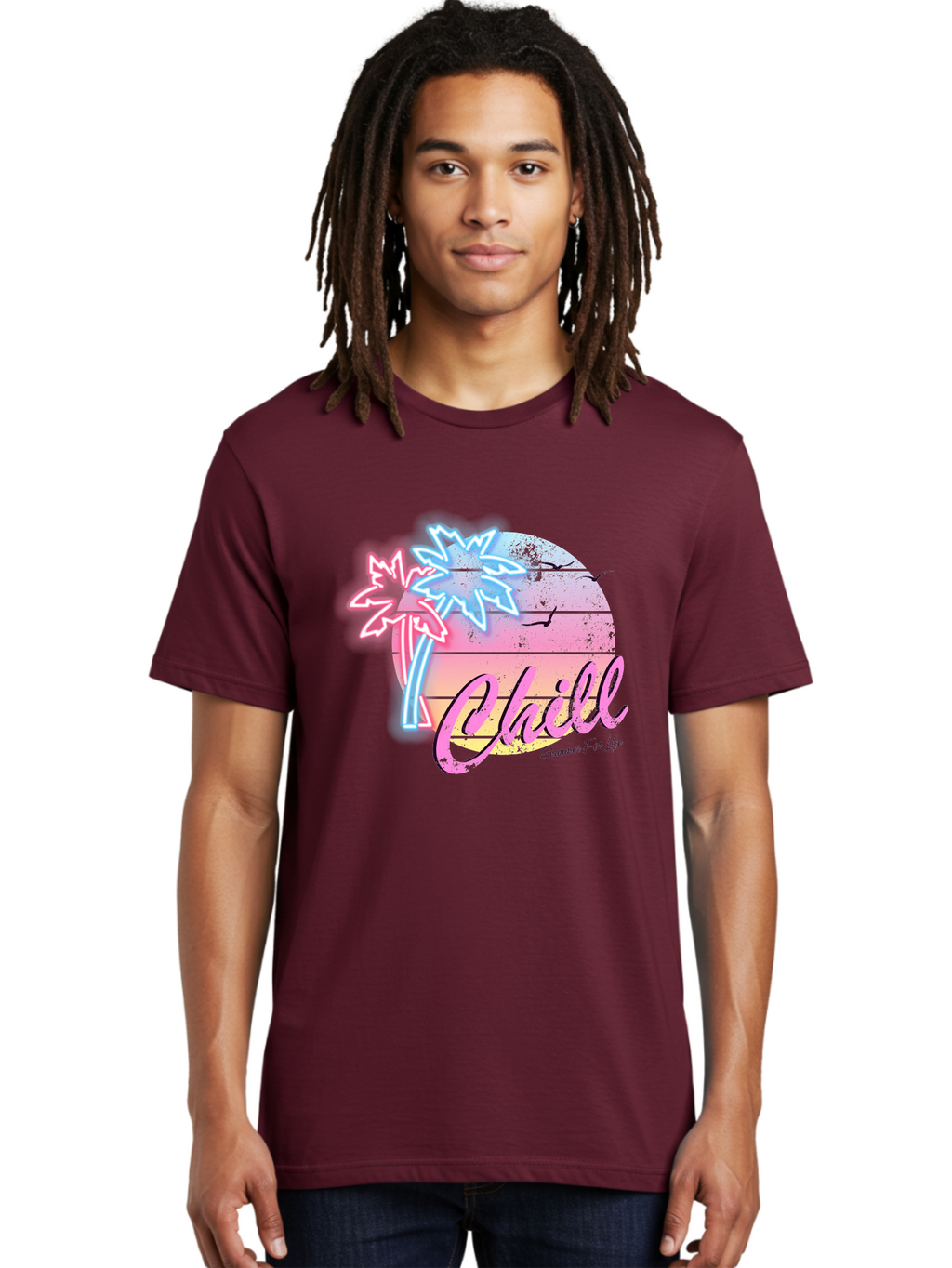 Chill Men'S Graphic Tee, 100% Cotton, Comfortable Casual Summer Wear, Machine Washable, Tropical Paradise, Sunset Vibes, Summer Atmosphere, Beachy Feel, Neon Lights, Palm Trees, Seagulls Flying, Relaxing Scene, Chill Summer For Life Aae180