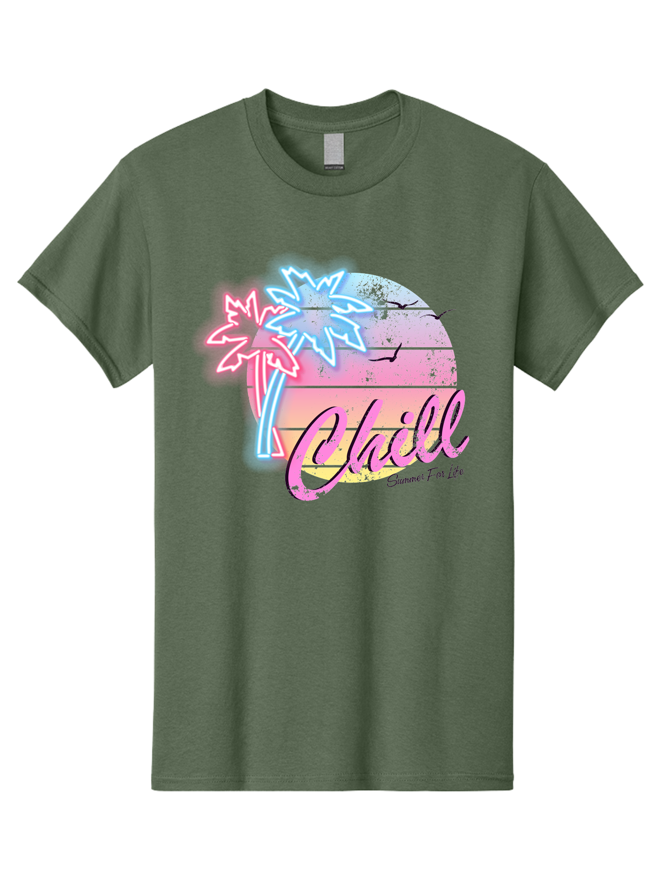 Chill Men'S Graphic Tee, 100% Cotton, Comfortable Casual Summer Wear, Machine Washable, Tropical Paradise, Sunset Vibes, Summer Atmosphere, Beachy Feel, Neon Lights, Palm Trees, Seagulls Flying, Relaxing Scene, Chill Summer For Life Aae180