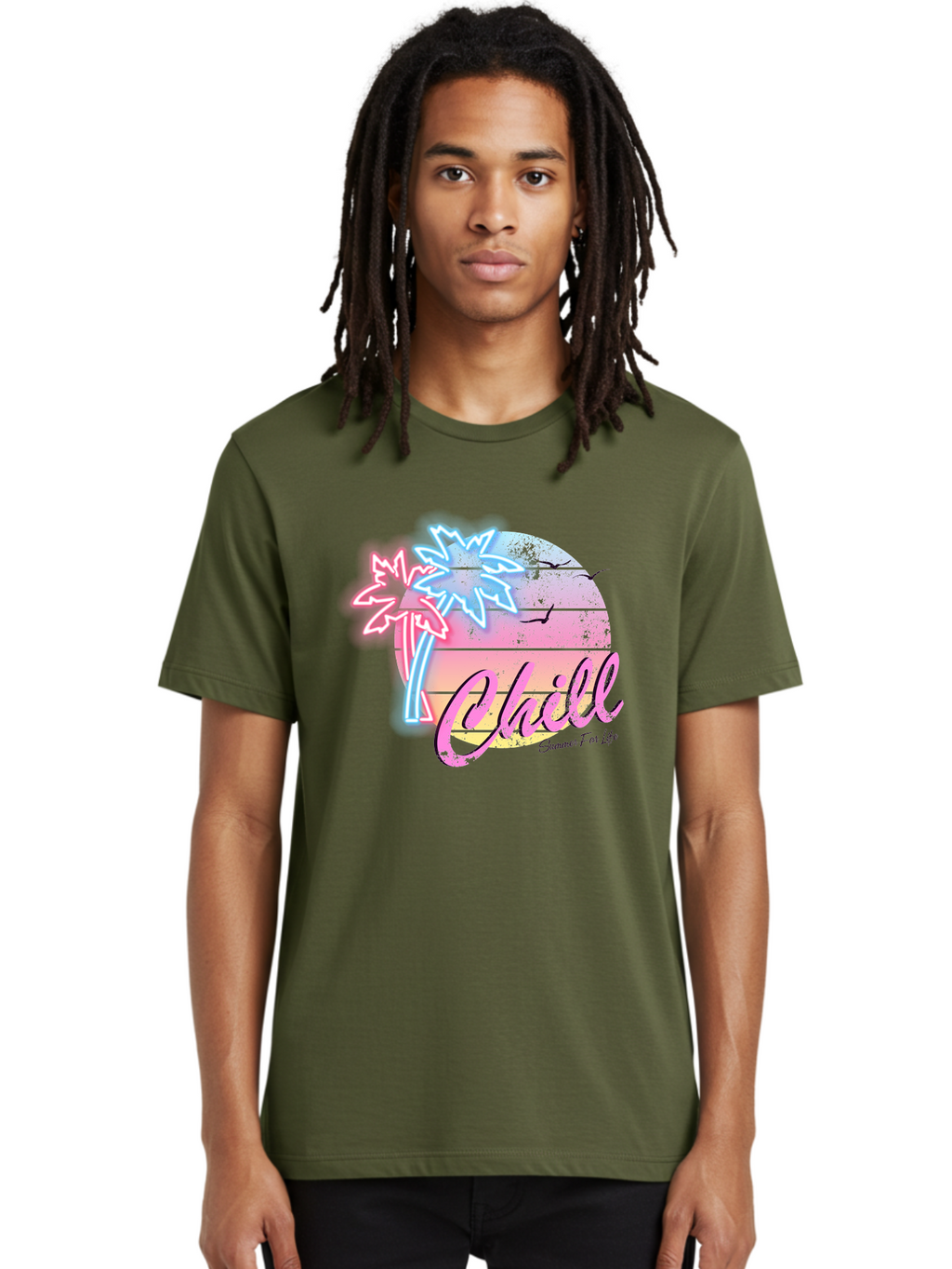 Chill Men'S Graphic Tee, 100% Cotton, Comfortable Casual Summer Wear, Machine Washable, Tropical Paradise, Sunset Vibes, Summer Atmosphere, Beachy Feel, Neon Lights, Palm Trees, Seagulls Flying, Relaxing Scene, Chill Summer For Life Aae180