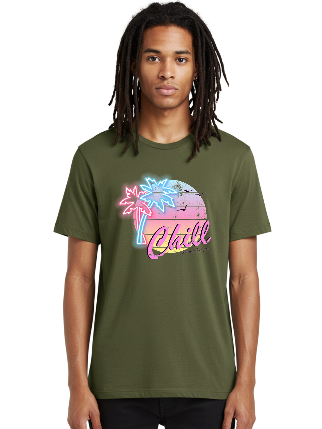 Chill Men'S Graphic Tee, 100% Cotton, Comfortable Casual Summer Wear, Machine Washable, Tropical Paradise, Sunset Vibes, Summer Atmosphere, Beachy Feel, Neon Lights, Palm Trees, Seagulls Flying, Relaxing Scene, Chill Summer For Life Aae180