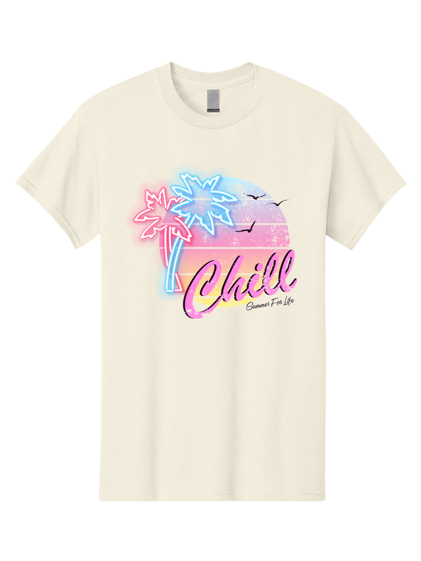 Chill Men'S Graphic Tee, 100% Cotton, Comfortable Casual Summer Wear, Machine Washable, Tropical Paradise, Sunset Vibes, Summer Atmosphere, Beachy Feel, Neon Lights, Palm Trees, Seagulls Flying, Relaxing Scene, Chill Summer For Life Aae180