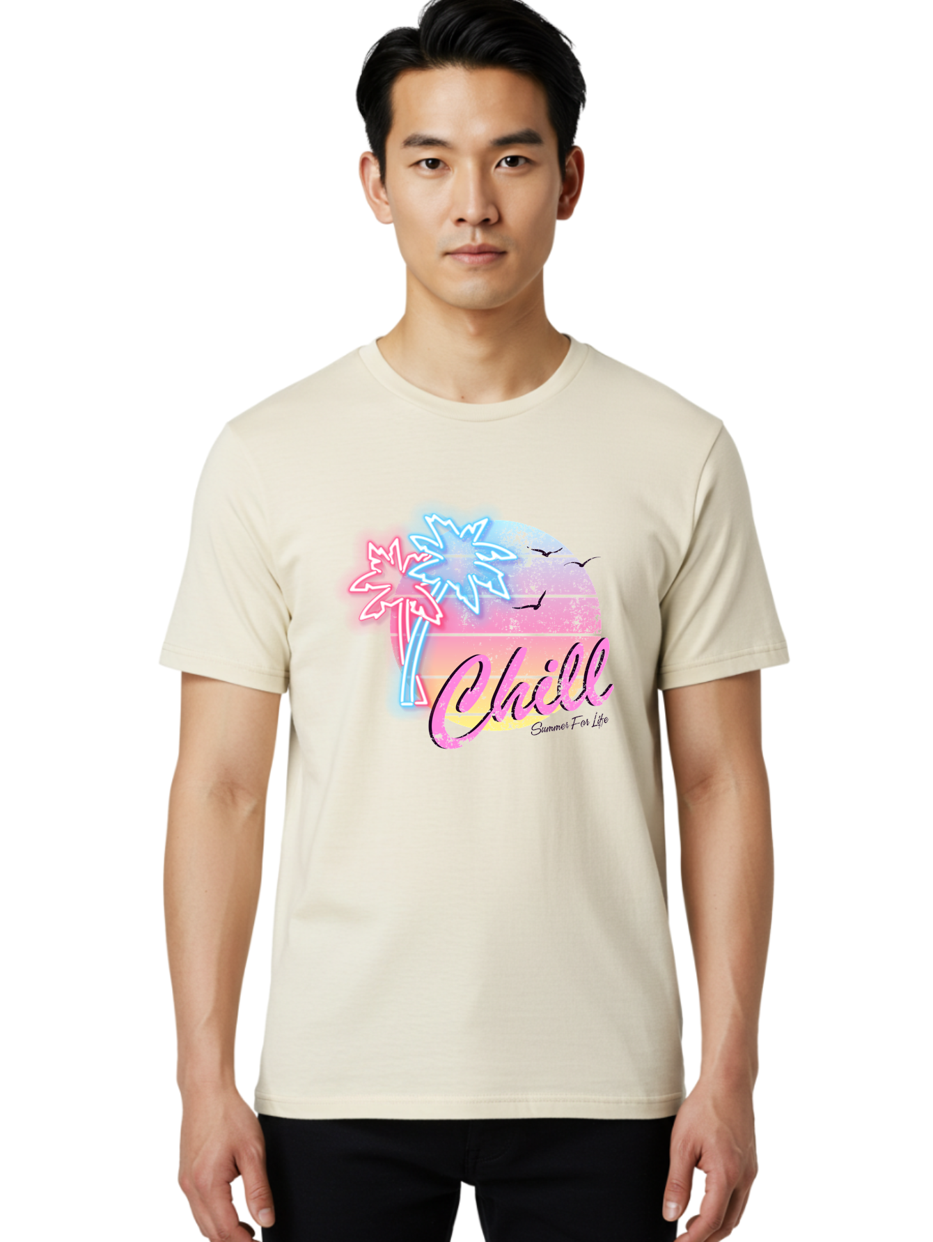 Chill Men'S Graphic Tee, 100% Cotton, Comfortable Casual Summer Wear, Machine Washable, Tropical Paradise, Sunset Vibes, Summer Atmosphere, Beachy Feel, Neon Lights, Palm Trees, Seagulls Flying, Relaxing Scene, Chill Summer For Life Aae180