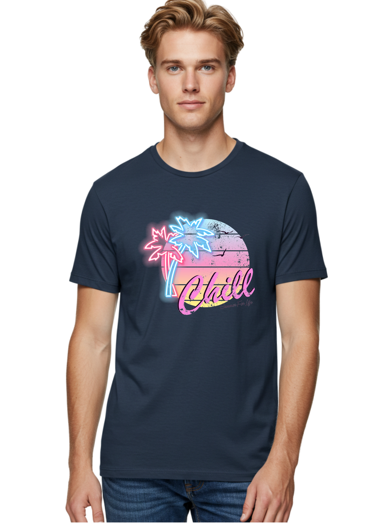 Chill Men'S Graphic Tee, 100% Cotton, Comfortable Casual Summer Wear, Machine Washable, Tropical Paradise, Sunset Vibes, Summer Atmosphere, Beachy Feel, Neon Lights, Palm Trees, Seagulls Flying, Relaxing Scene, Chill Summer For Life Aae180