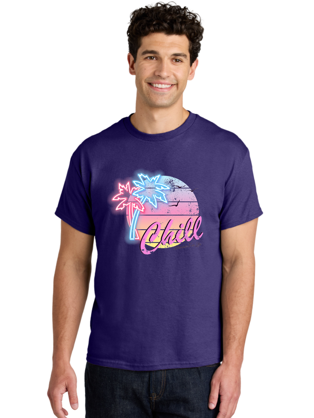 Chill Men'S Graphic Tee, 100% Cotton, Comfortable Casual Summer Wear, Machine Washable, Tropical Paradise, Sunset Vibes, Summer Atmosphere, Beachy Feel, Neon Lights, Palm Trees, Seagulls Flying, Relaxing Scene, Chill Summer For Life Aae180
