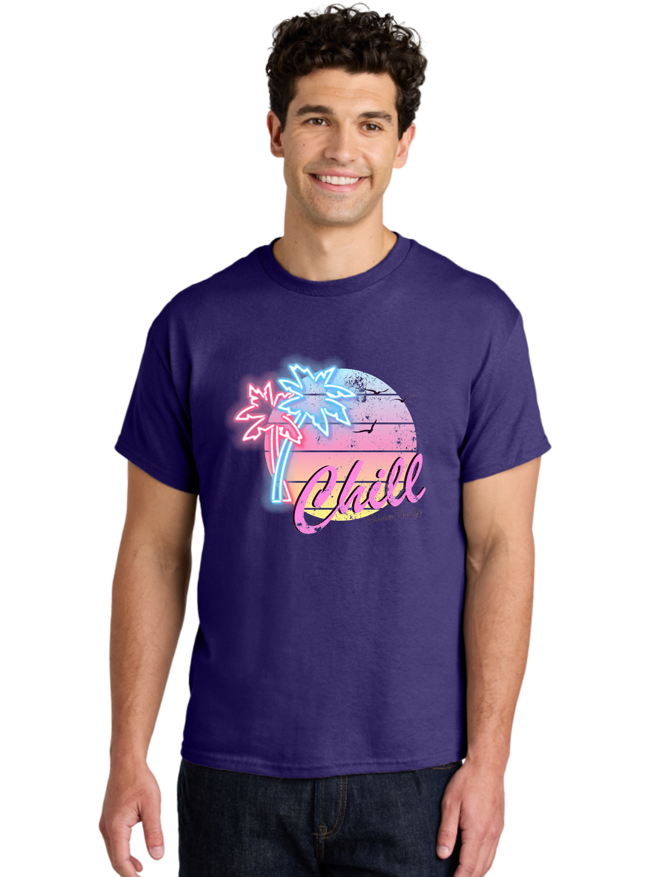 Chill Men'S Graphic Tee, 100% Cotton, Comfortable Casual Summer Wear, Machine Washable, Tropical Paradise, Sunset Vibes, Summer Atmosphere, Beachy Feel, Neon Lights, Palm Trees, Seagulls Flying, Relaxing Scene, Chill Summer For Life Aae180