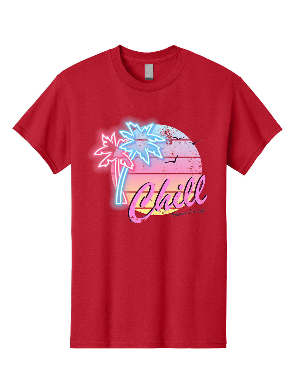 Chill Men'S Graphic Tee, 100% Cotton, Comfortable Casual Summer Wear, Machine Washable, Tropical Paradise, Sunset Vibes, Summer Atmosphere, Beachy Feel, Neon Lights, Palm Trees, Seagulls Flying, Relaxing Scene, Chill Summer For Life Aae180