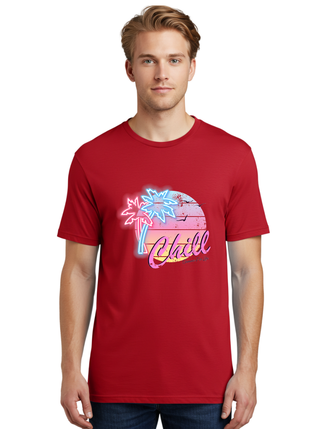 Chill Men'S Graphic Tee, 100% Cotton, Comfortable Casual Summer Wear, Machine Washable, Tropical Paradise, Sunset Vibes, Summer Atmosphere, Beachy Feel, Neon Lights, Palm Trees, Seagulls Flying, Relaxing Scene, Chill Summer For Life Aae180