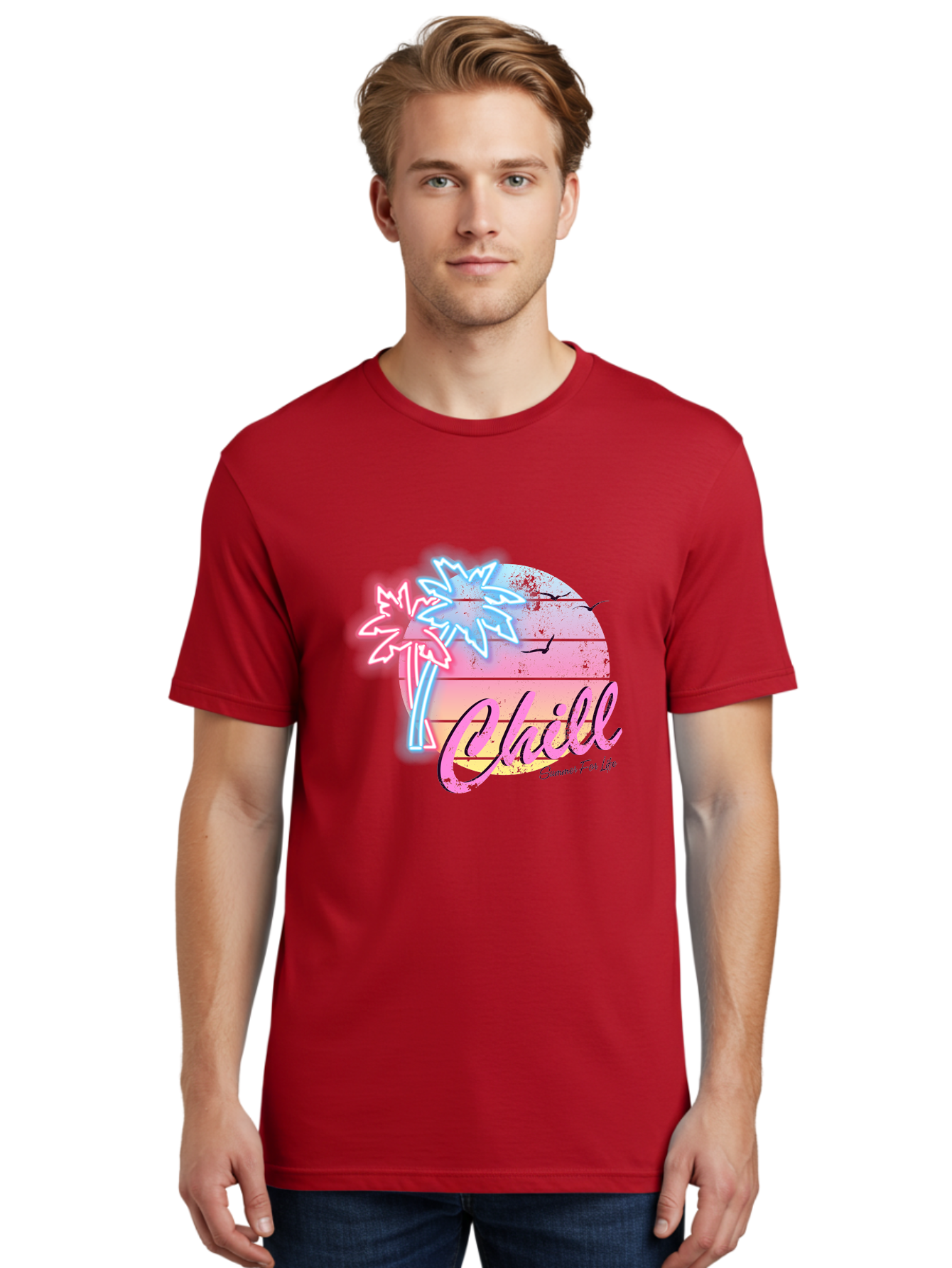 Chill Men'S Graphic Tee, 100% Cotton, Comfortable Casual Summer Wear, Machine Washable, Tropical Paradise, Sunset Vibes, Summer Atmosphere, Beachy Feel, Neon Lights, Palm Trees, Seagulls Flying, Relaxing Scene, Chill Summer For Life Aae180