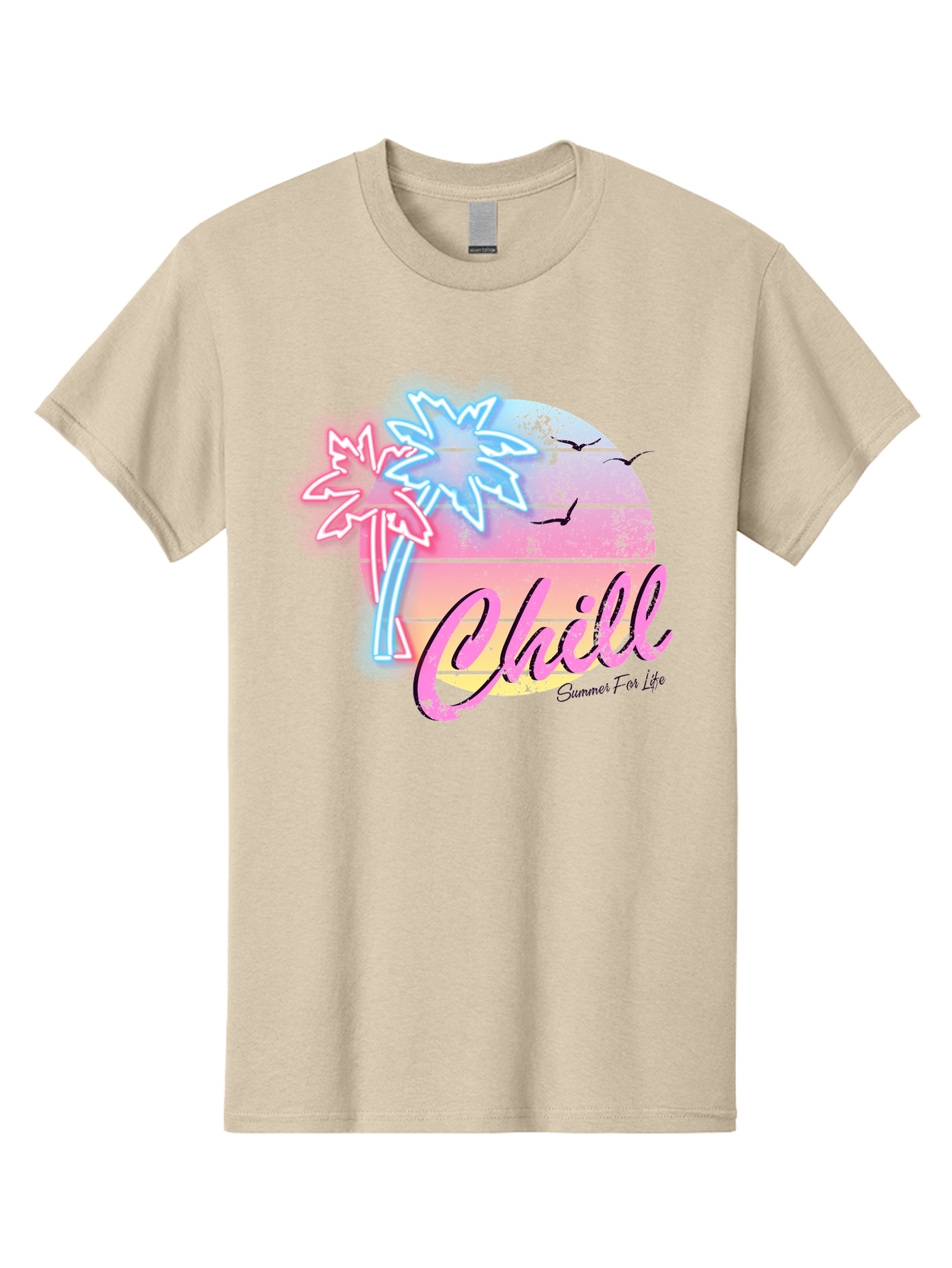 Chill Men'S Graphic Tee, 100% Cotton, Comfortable Casual Summer Wear, Machine Washable, Tropical Paradise, Sunset Vibes, Summer Atmosphere, Beachy Feel, Neon Lights, Palm Trees, Seagulls Flying, Relaxing Scene, Chill Summer For Life Aae180