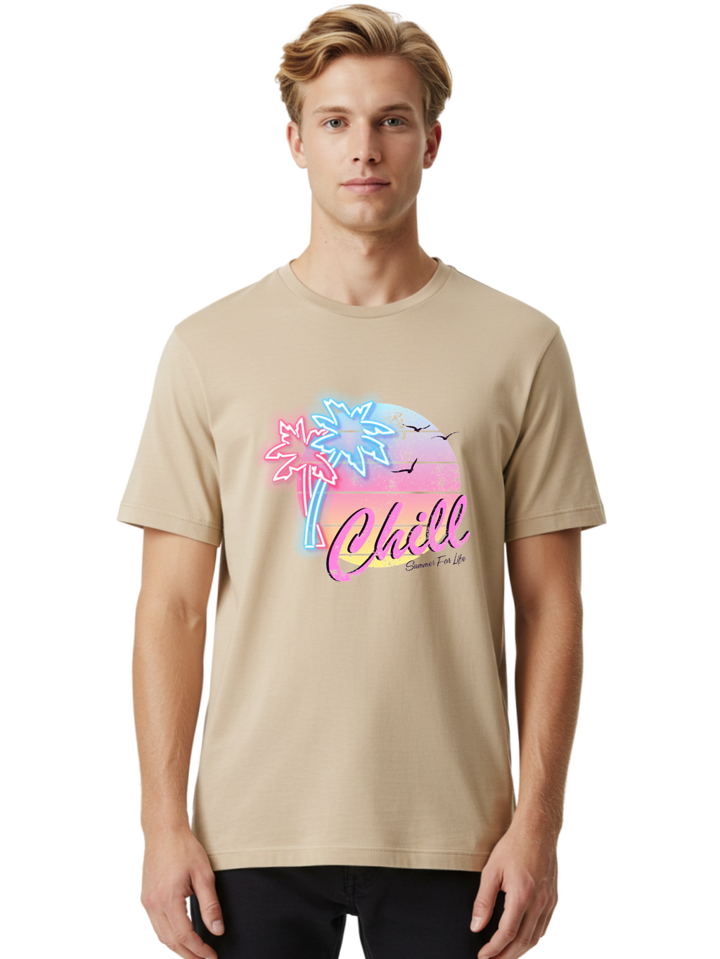 Chill Men'S Graphic Tee, 100% Cotton, Comfortable Casual Summer Wear, Machine Washable, Tropical Paradise, Sunset Vibes, Summer Atmosphere, Beachy Feel, Neon Lights, Palm Trees, Seagulls Flying, Relaxing Scene, Chill Summer For Life Aae180