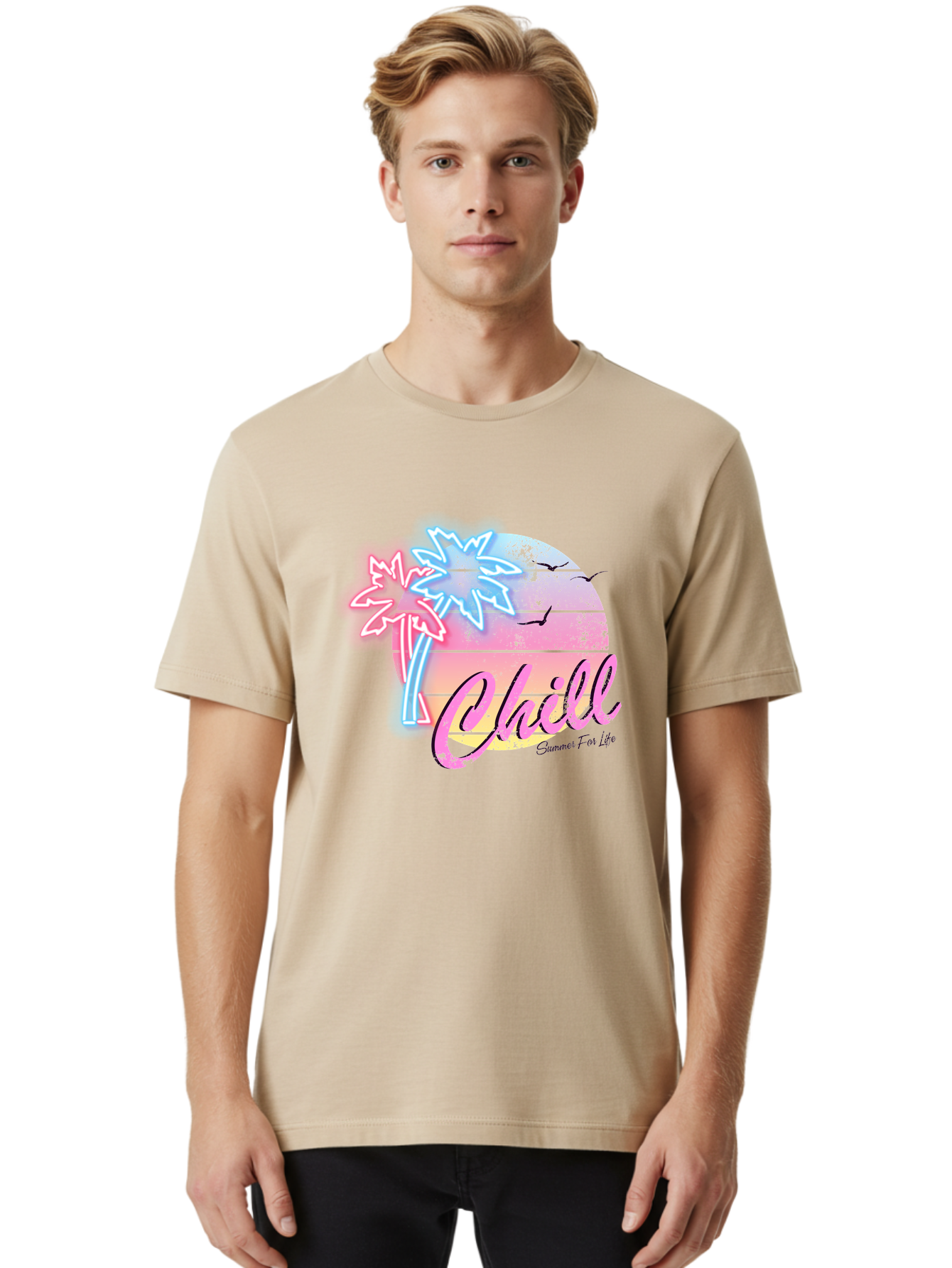 Chill Men'S Graphic Tee, 100% Cotton, Comfortable Casual Summer Wear, Machine Washable, Tropical Paradise, Sunset Vibes, Summer Atmosphere, Beachy Feel, Neon Lights, Palm Trees, Seagulls Flying, Relaxing Scene, Chill Summer For Life Aae180
