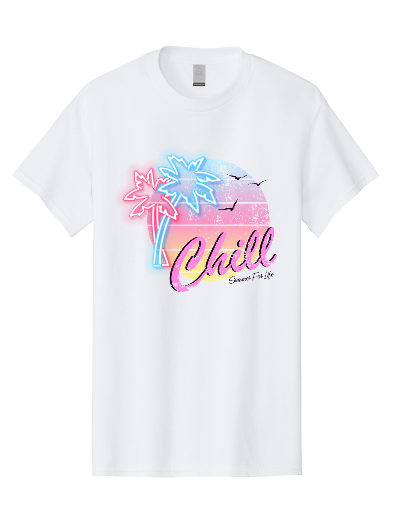 Chill Men'S Graphic Tee, 100% Cotton, Comfortable Casual Summer Wear, Machine Washable, Tropical Paradise, Sunset Vibes, Summer Atmosphere, Beachy Feel, Neon Lights, Palm Trees, Seagulls Flying, Relaxing Scene, Chill Summer For Life Aae180