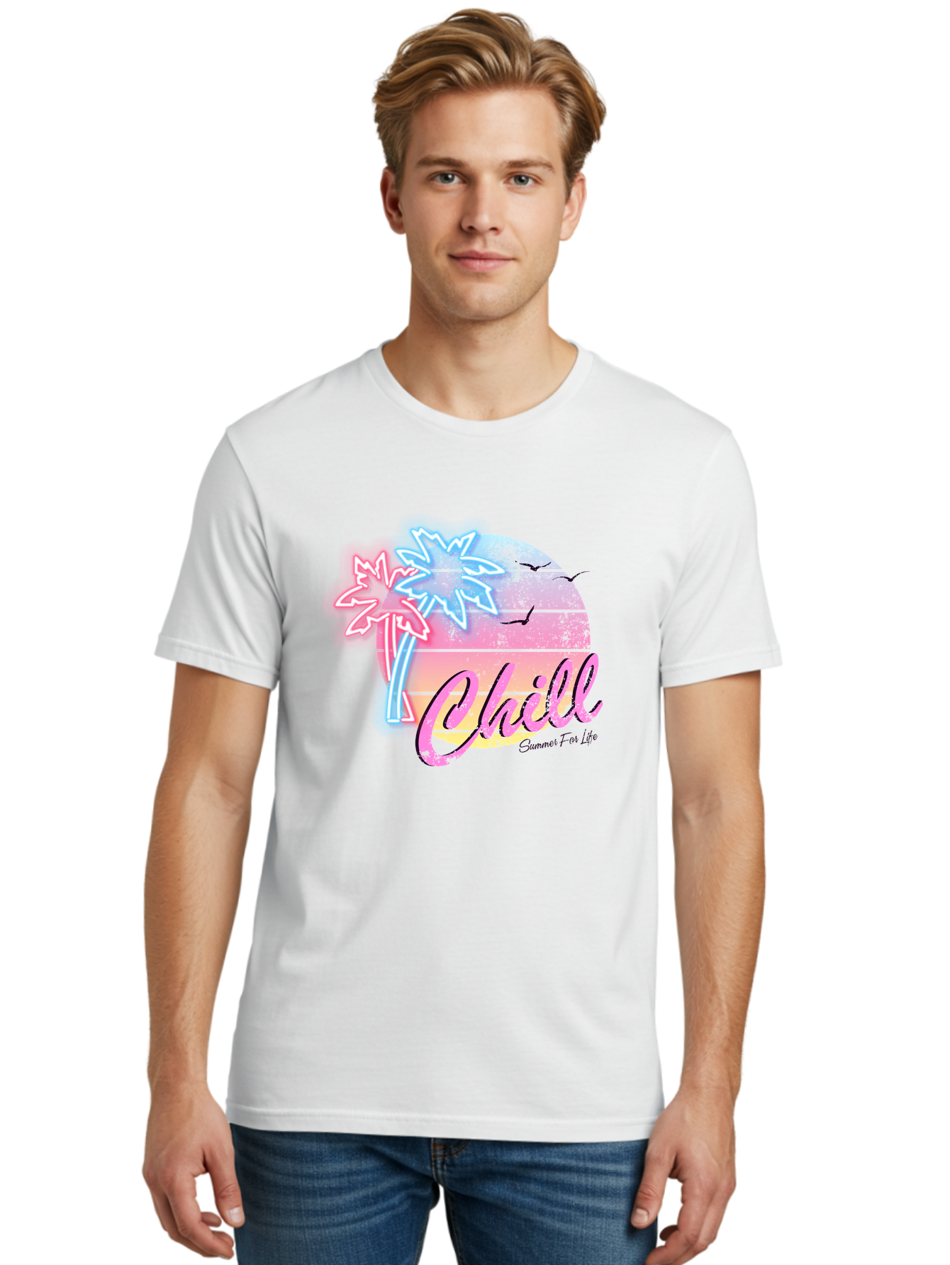 Chill Men'S Graphic Tee, 100% Cotton, Comfortable Casual Summer Wear, Machine Washable, Tropical Paradise, Sunset Vibes, Summer Atmosphere, Beachy Feel, Neon Lights, Palm Trees, Seagulls Flying, Relaxing Scene, Chill Summer For Life Aae180