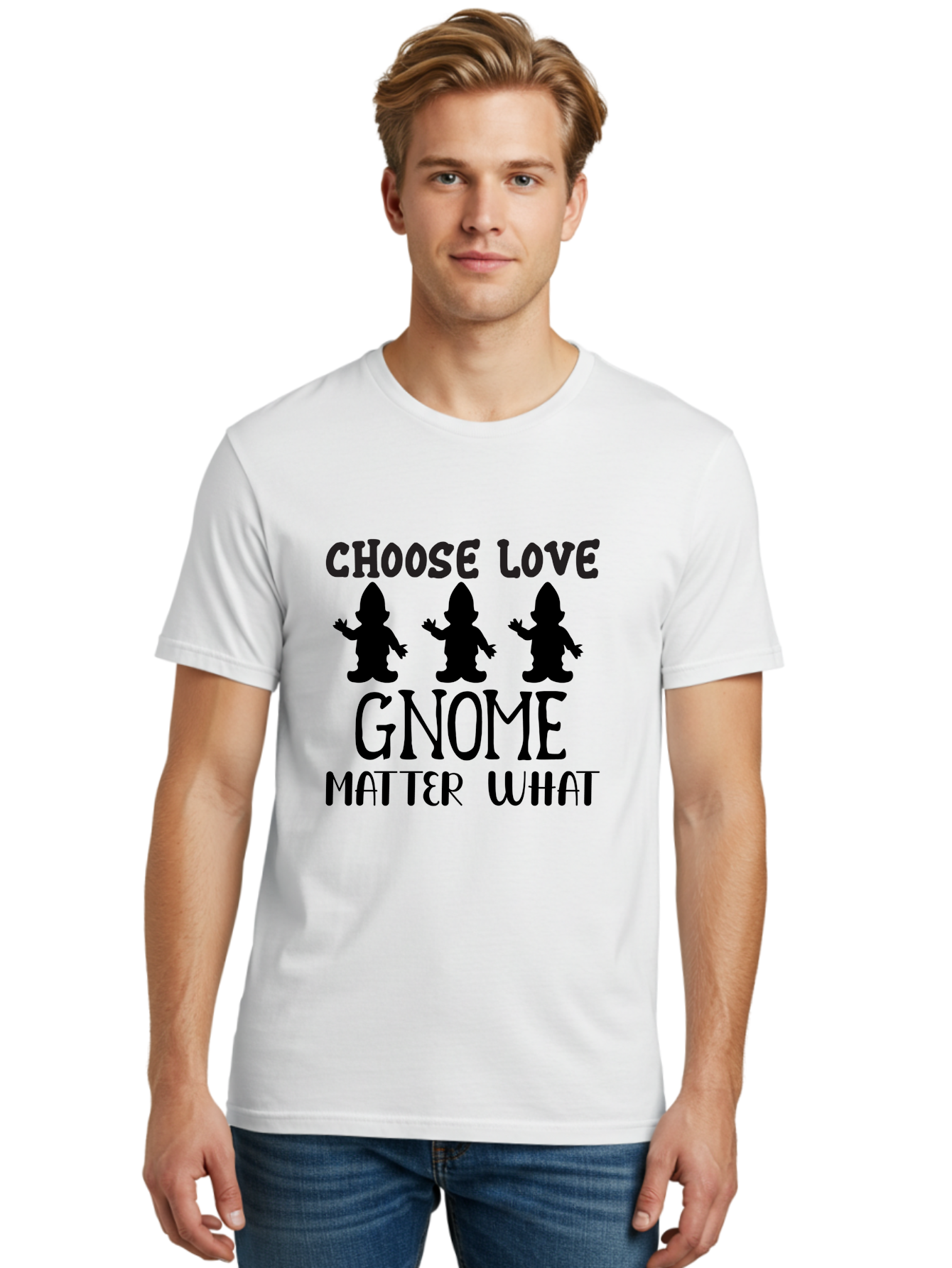 Choose Love Gnome Matter What Men'S Graphic Tee, 100% Cotton, Comfortable Casual Summer Wear, Machine Washable, Funny Gnomes, Gnome Love, Inspirational Quotes, Choose Love, Gnome Pun, Motivational Phrases, Quirky Garden Gnomes, Aae181