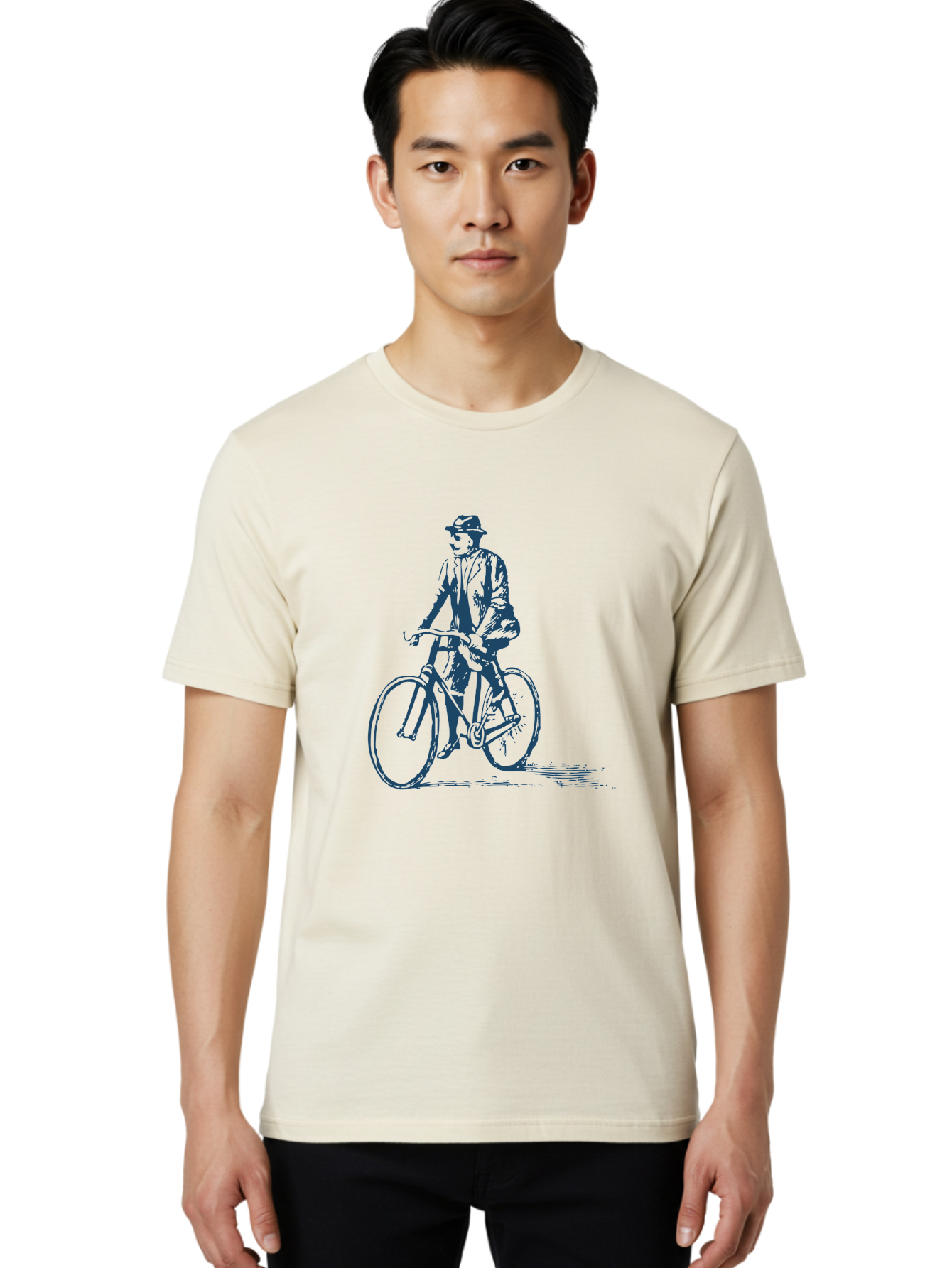 Classic Bicycle Men'S Graphic Tee, 100% Cotton, Comfortable Casual Summer Wear, Machine Washable, Vintage Man, Bicycle Riding, Classic Cycling, Retro Style, Hat Wearing, Outdoor Activity, Historical Illustration, Antique Bike Aae183