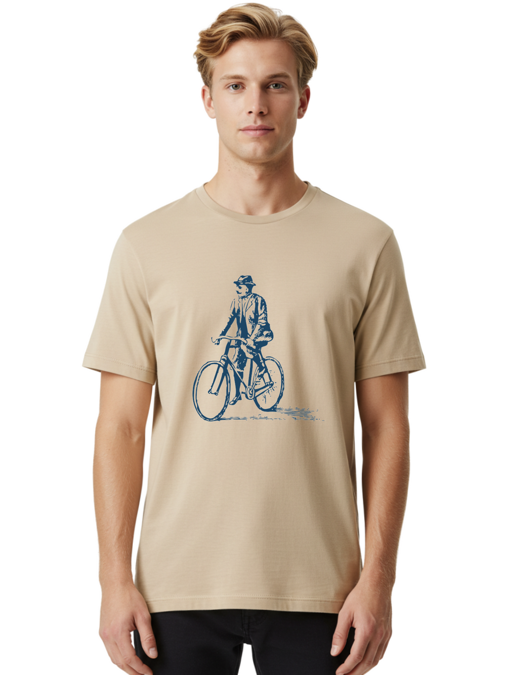 Classic Bicycle Men'S Graphic Tee, 100% Cotton, Comfortable Casual Summer Wear, Machine Washable, Vintage Man, Bicycle Riding, Classic Cycling, Retro Style, Hat Wearing, Outdoor Activity, Historical Illustration, Antique Bike Aae183