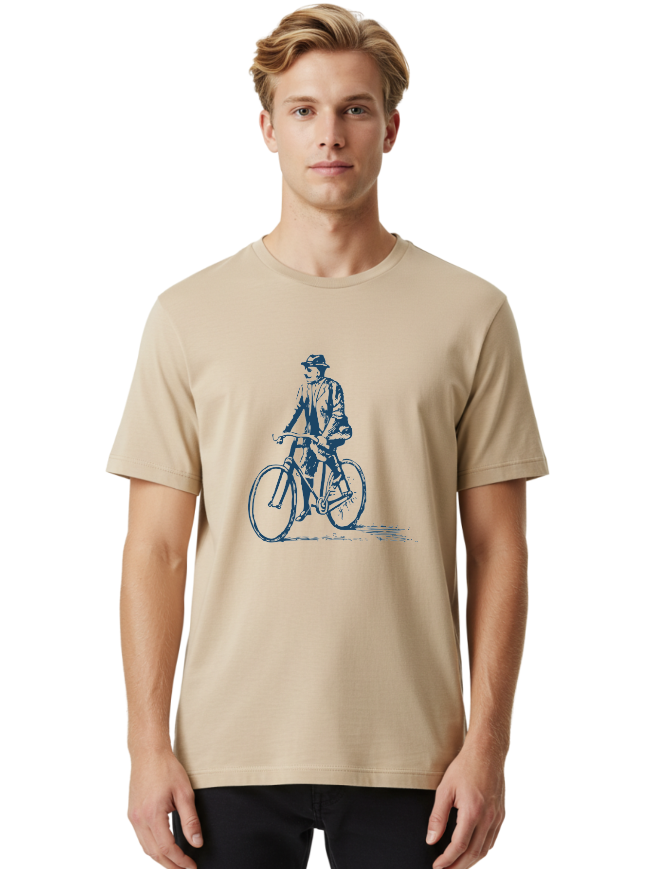 Classic Bicycle Men'S Graphic Tee, 100% Cotton, Comfortable Casual Summer Wear, Machine Washable, Vintage Man, Bicycle Riding, Classic Cycling, Retro Style, Hat Wearing, Outdoor Activity, Historical Illustration, Antique Bike Aae183